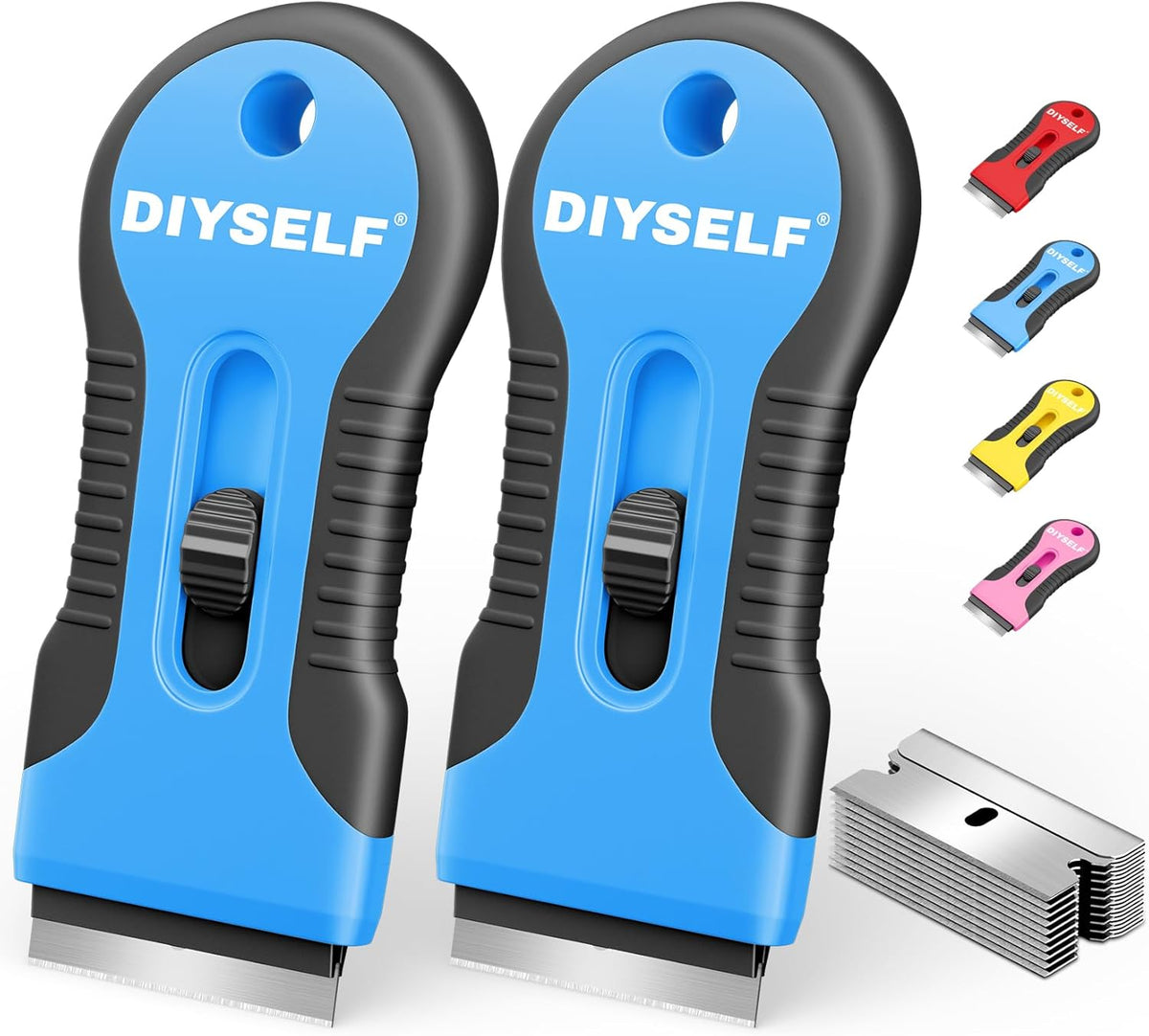 DIYSELF 2 Pack Razor Blade Scraper with 10 PCS Replacement Mental Blades, Heavy-Duty Razor Scraper