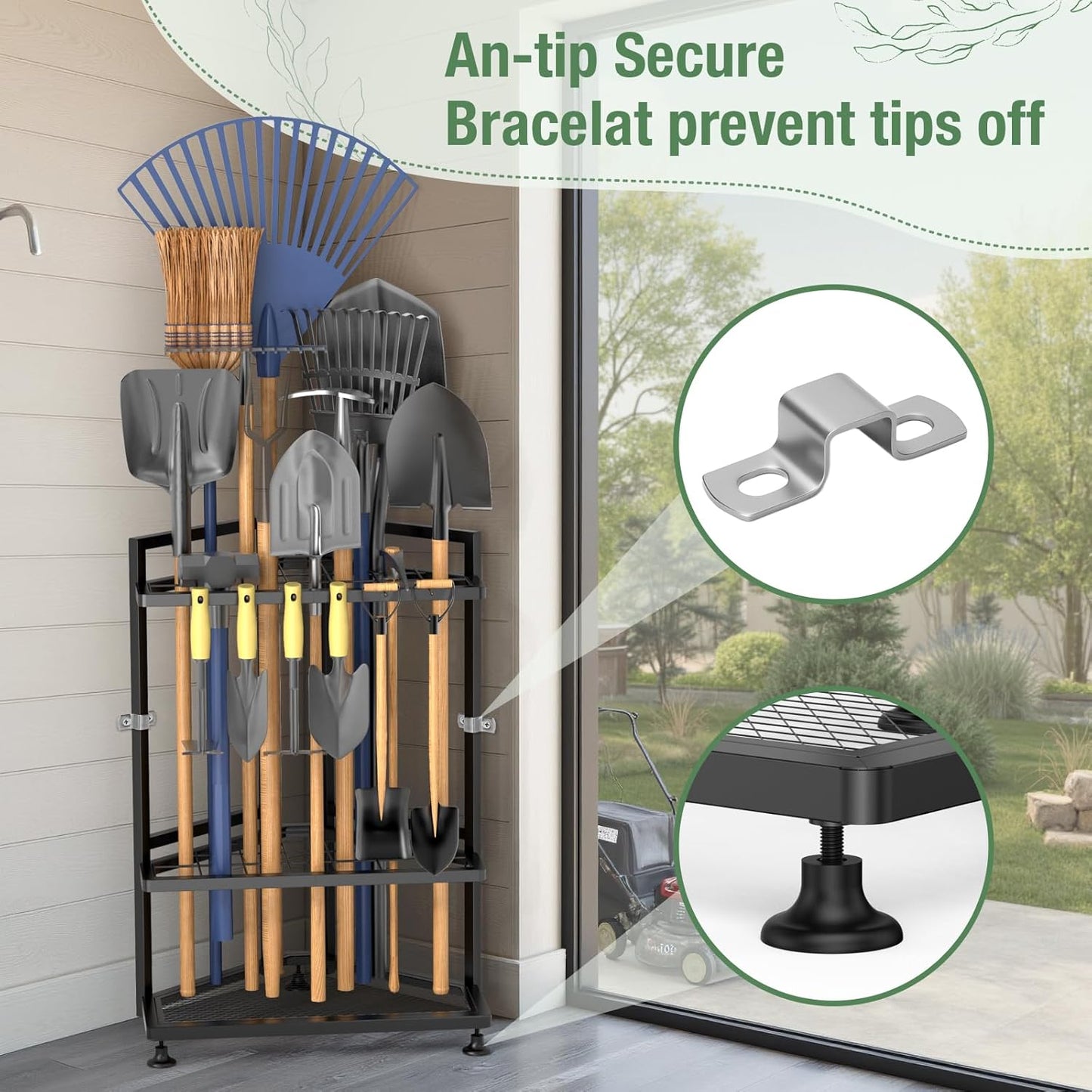 Garden Tool Organizer for Corner,Metal Yard Tool Organizer for Long-Handled Tools/Rakes/Brooms,Side