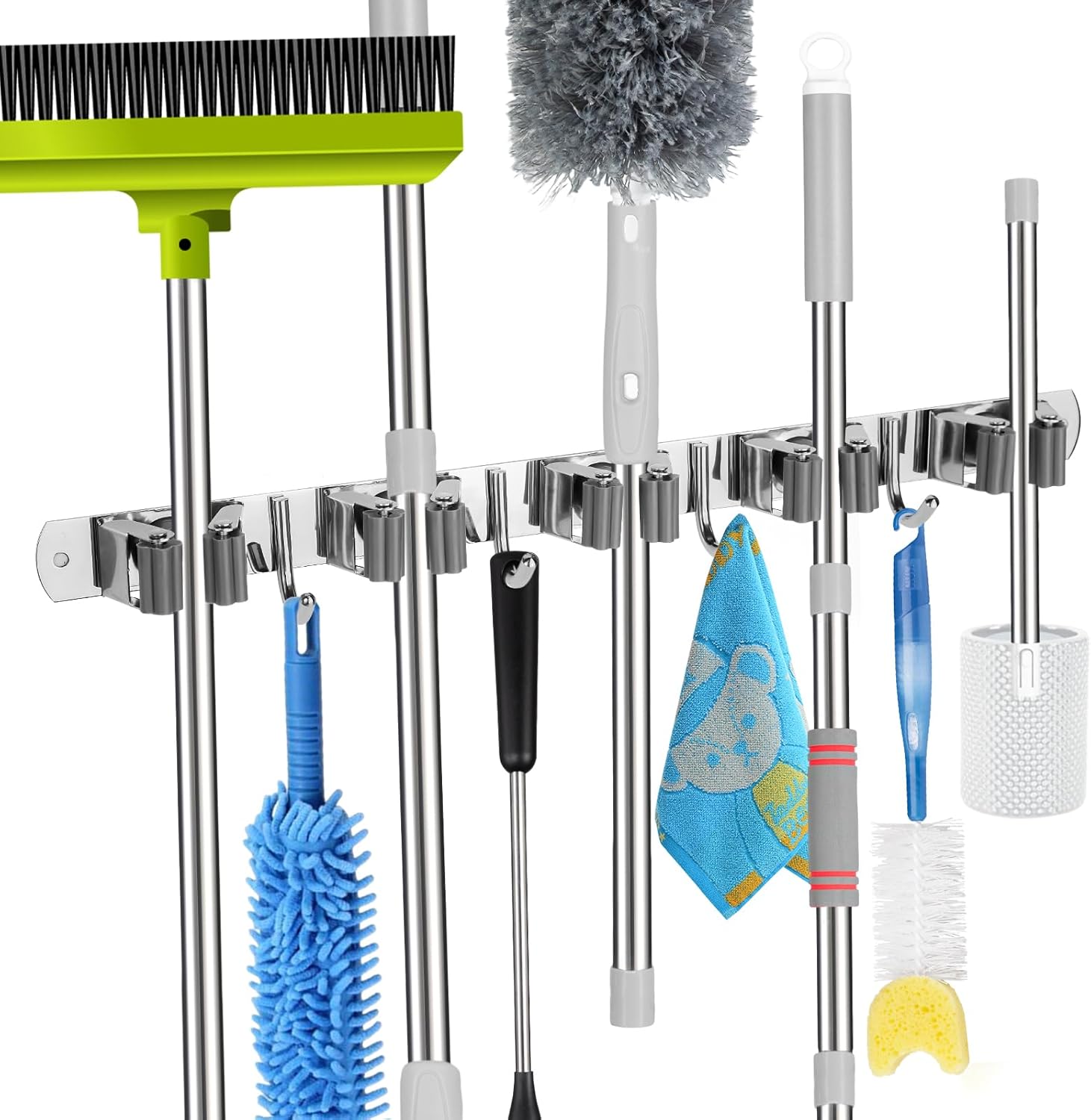 voze 5 Racks and 4 Hooks Mop and Broom Holder Wall Mount, Self Adhesive Heavy Duty Broom Hanger