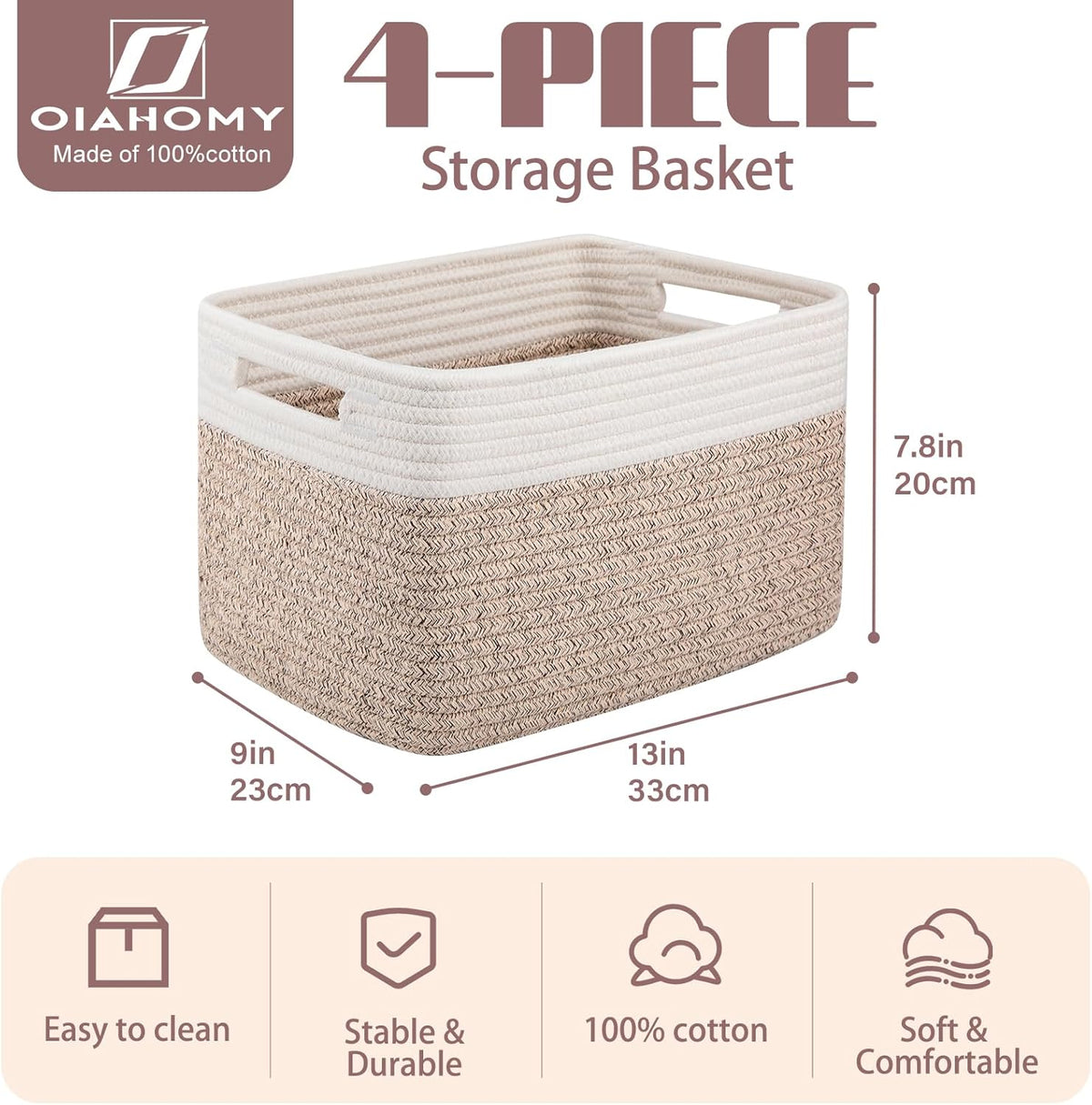 OIAHOMY 4 Pack Storage Baskets for Organizing, Basket for Shelves with Handle, Woven Baskets for