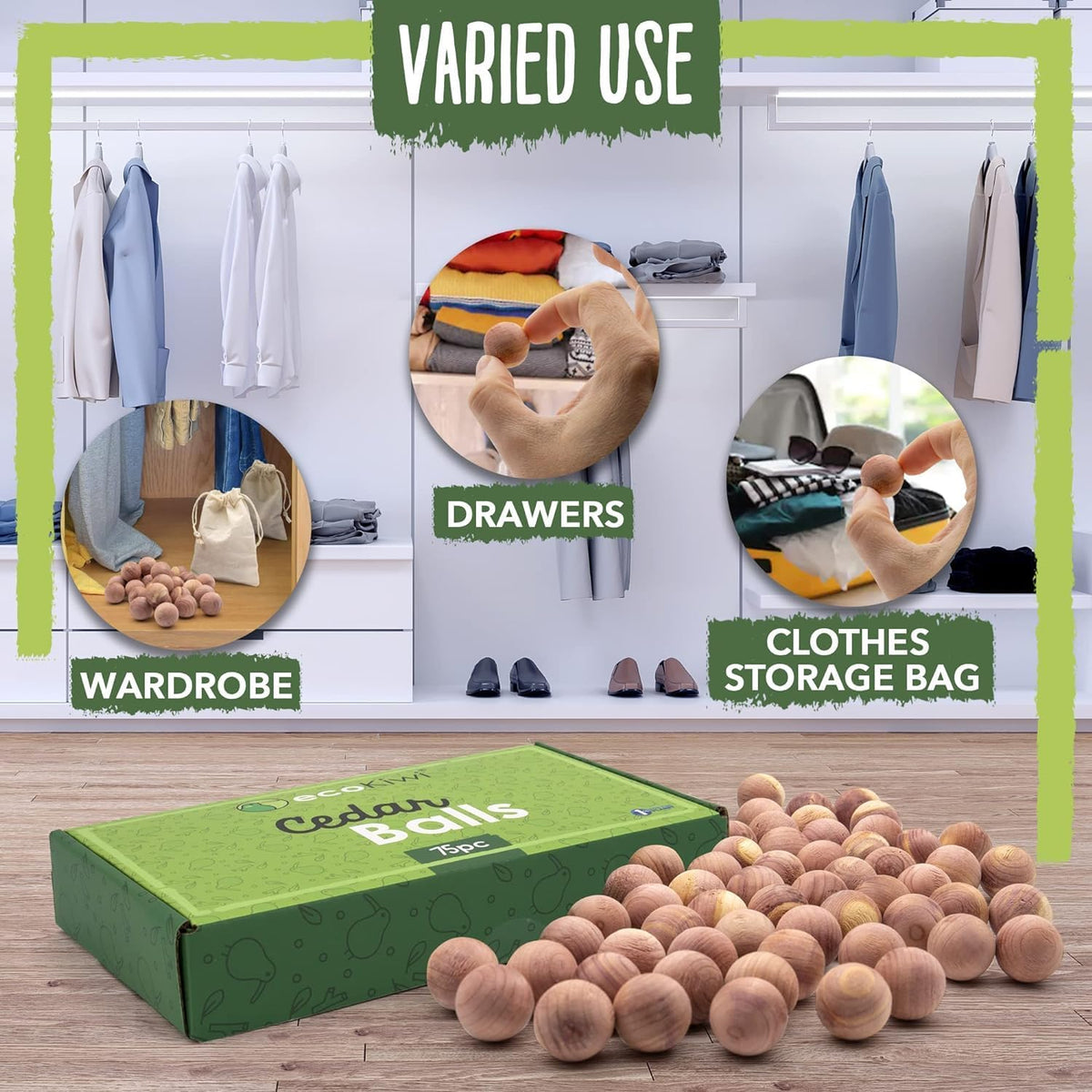 ecoKiwi Cedar Balls for Clothes Storage 75 Pack - 100% Natural Red Cedar Blocks for Clothes Storage
