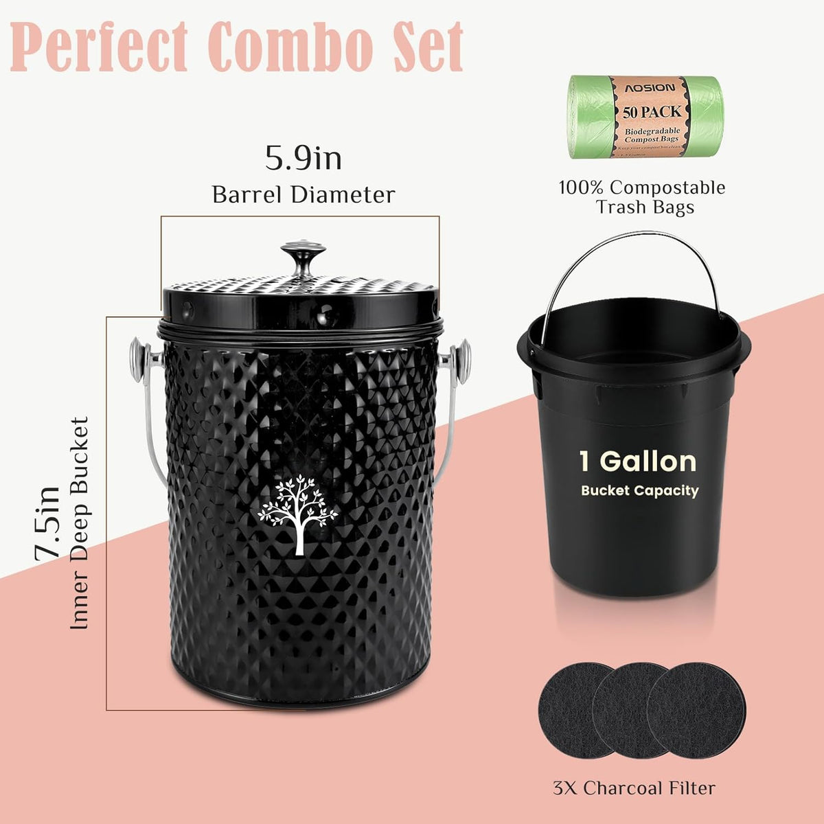 AOSION Countertop Compost Bin Kitchen，Odorless Indoor Compost Bin with Lid and Compost Bags,Compost
