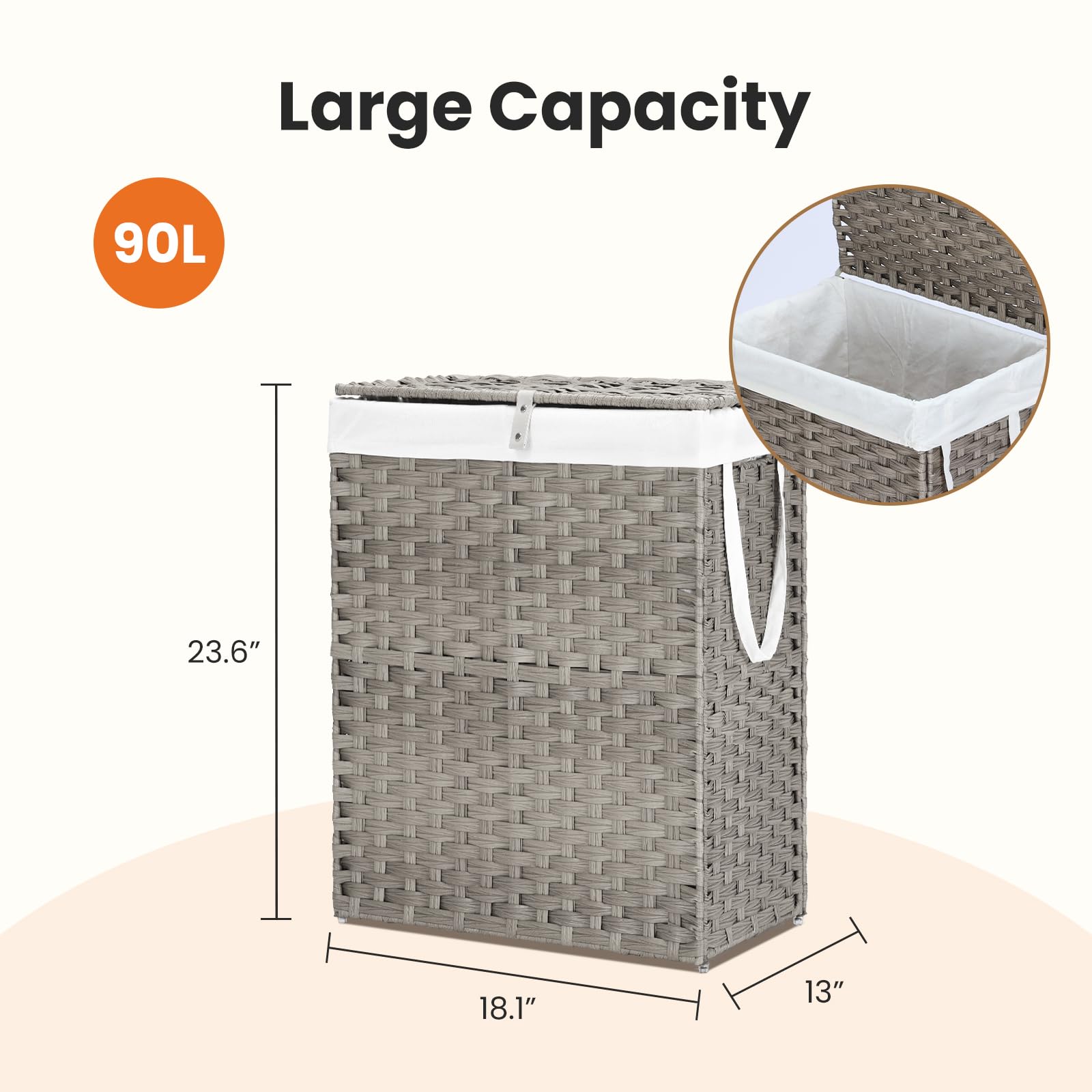 DUMOS Woven Laundry Basket with Lid, 90L Large Capacity Hamper, Removable & Machine-Washable Liner