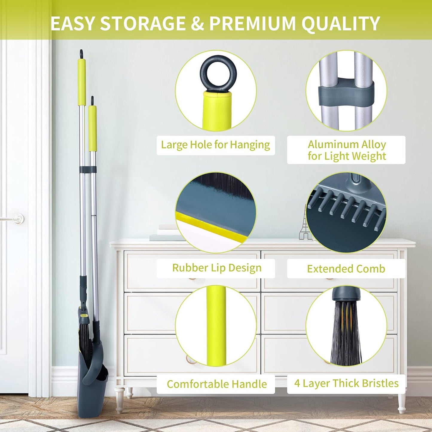 Broom and Dustpan Set for Home with 54" Long Handle, Upright and Lightweight Dust pan and Brush