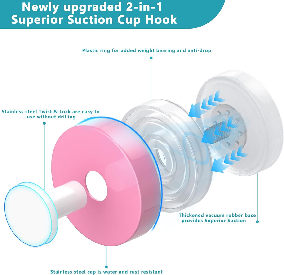Suction Cup Hooks for Shower,Removable No Drill Towel Hooks,Upgraded 15 lbs Strong Suction hooks