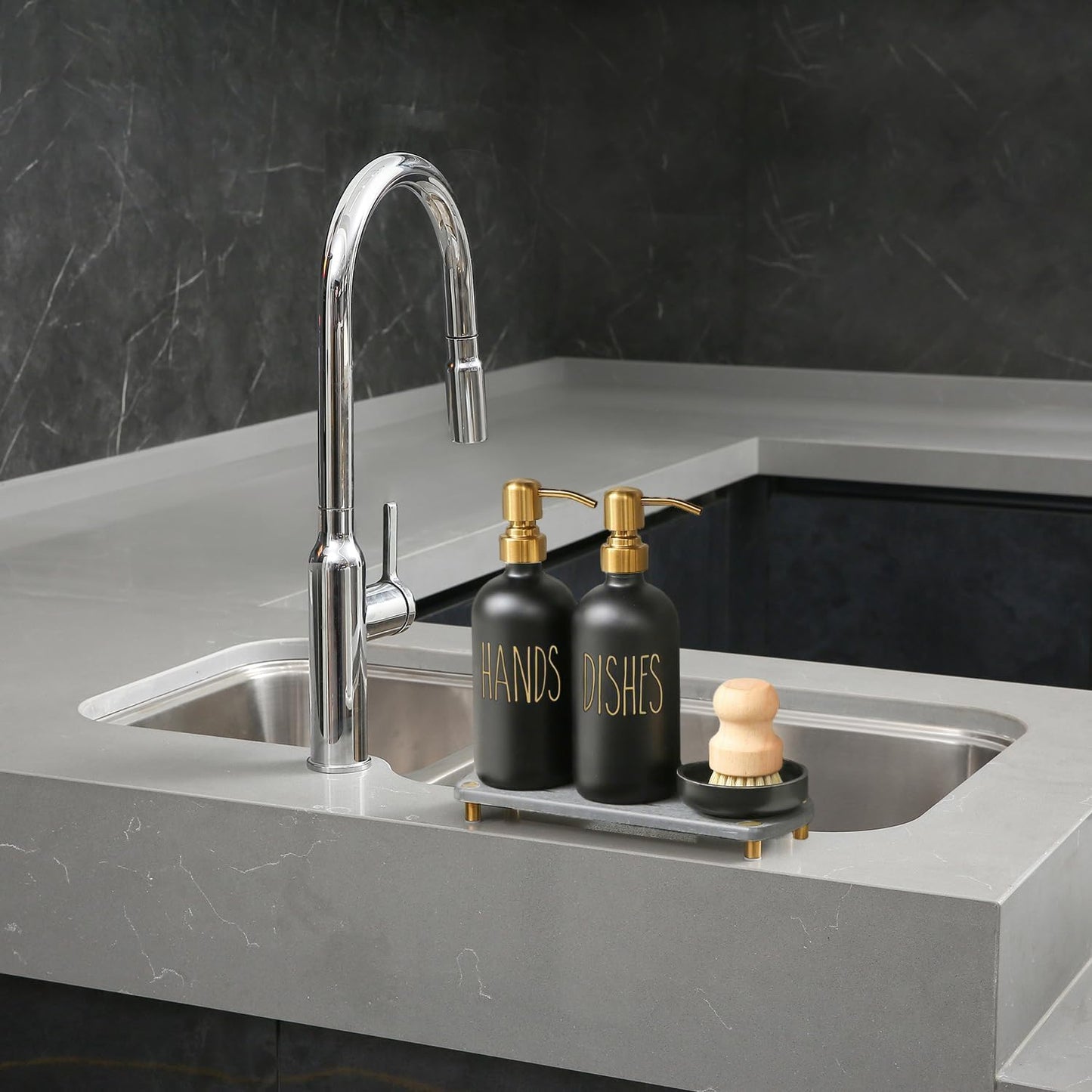 MOMEEMO Soap Dispenser Set Comes with Stainless Pumps, Instant Dry Tray, and Dish Scrub Brush