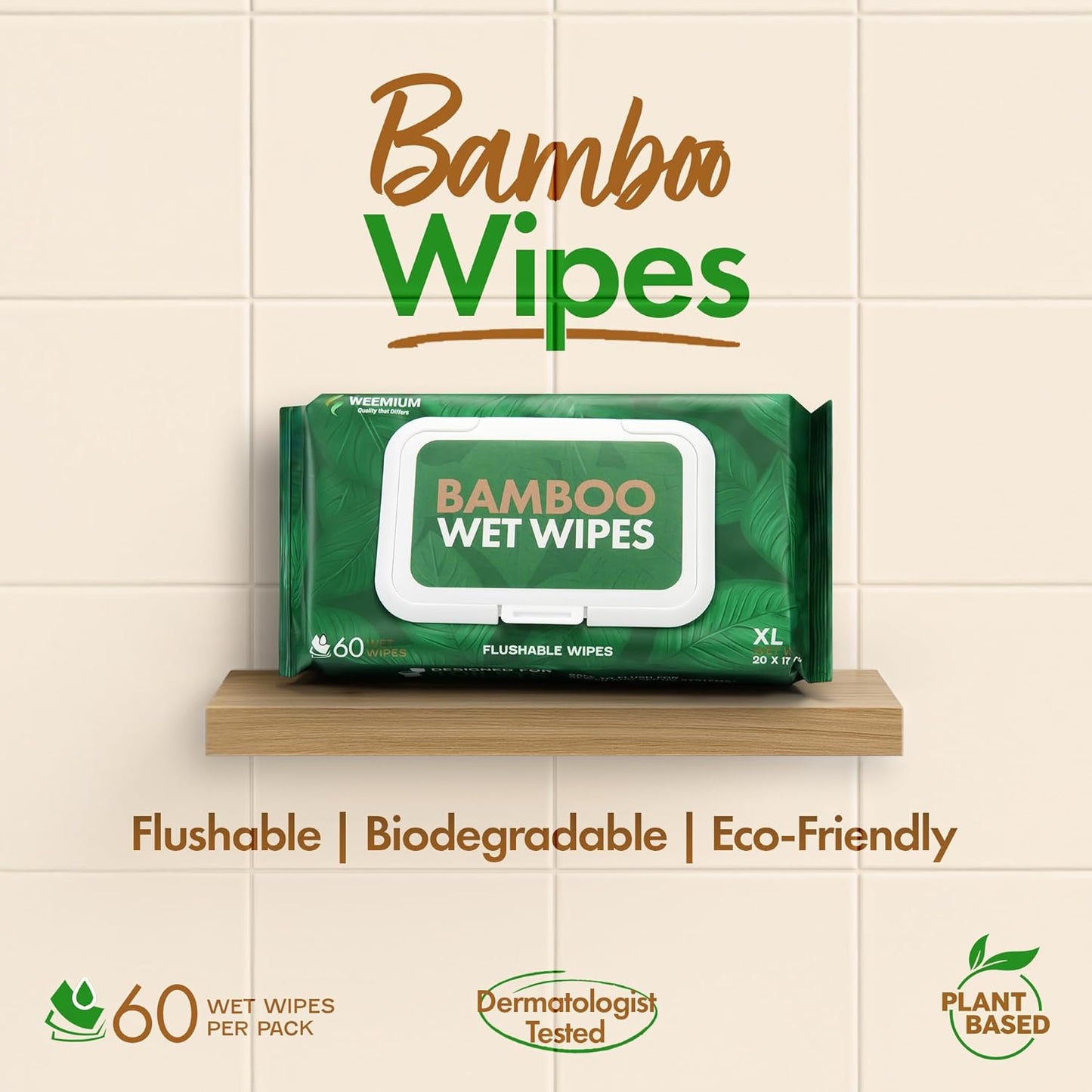Weemium Bamboo Wipes – Pack of 4 (240 XL Flushable Wipes) – Organic, Tree-Free, FSC Certified &