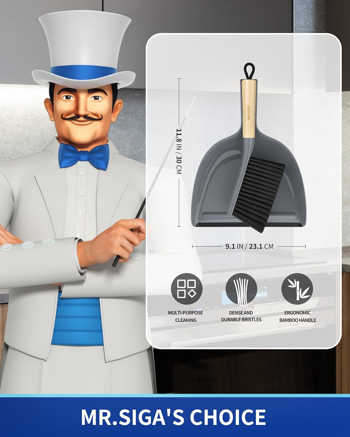MR.SIGA Dustpan and Brush Set, Portable Cleaning Brush and Dustpan Combo with Bamboo Handle, Gray
