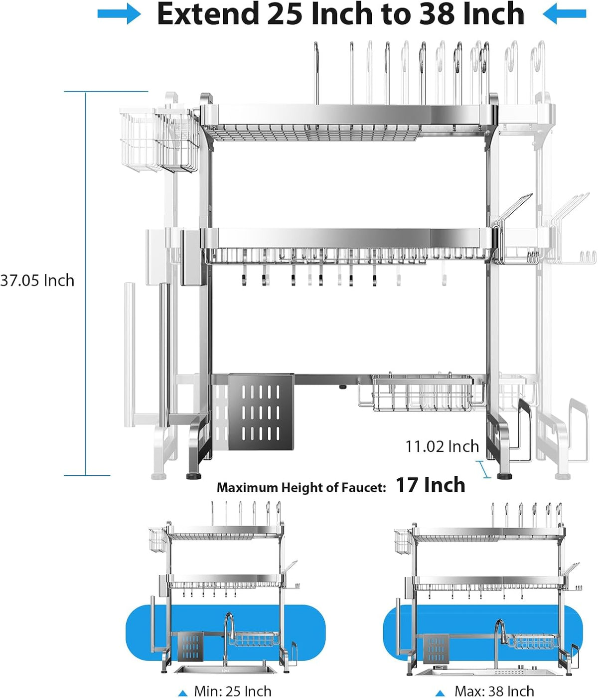 Over The Sink Dish Drainer Drying Rack, Full Stainless Steel 3-Tier Adjustable Length Over Sink