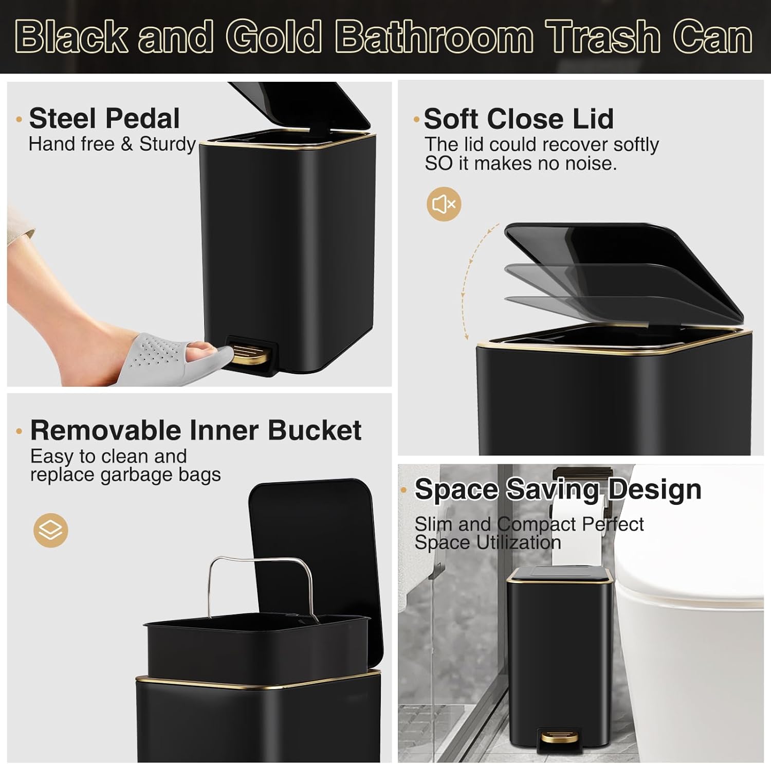 Small Bathroom Trash Can with Lid Soft Close, 1.8 Gallon Stainless Steel Garbage Can with Removable