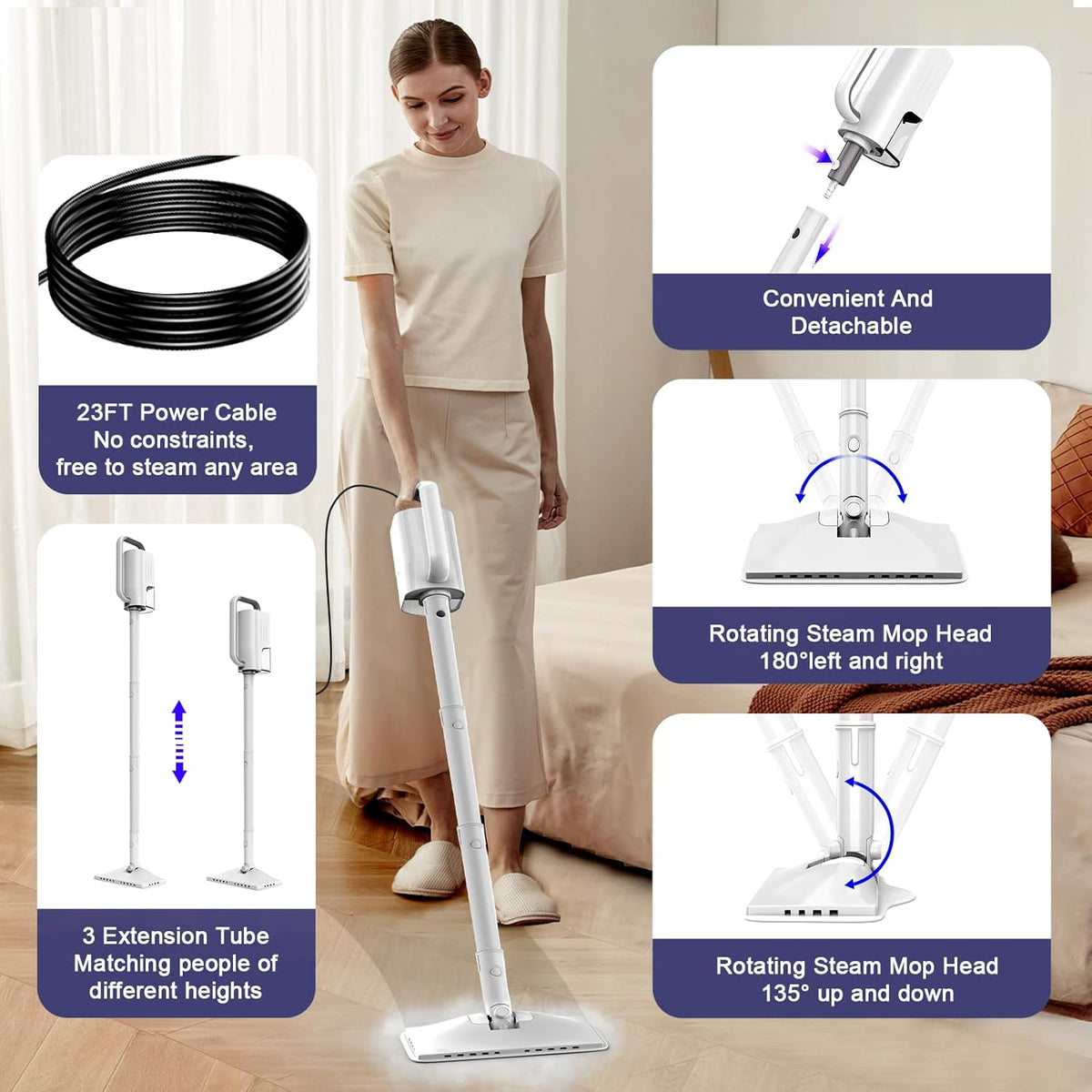 Steam Cleaner, 6 in1 Rotated Steam Mop Cleaner with 2 Modes, 2 Microfiber Pads, 400ML Removable