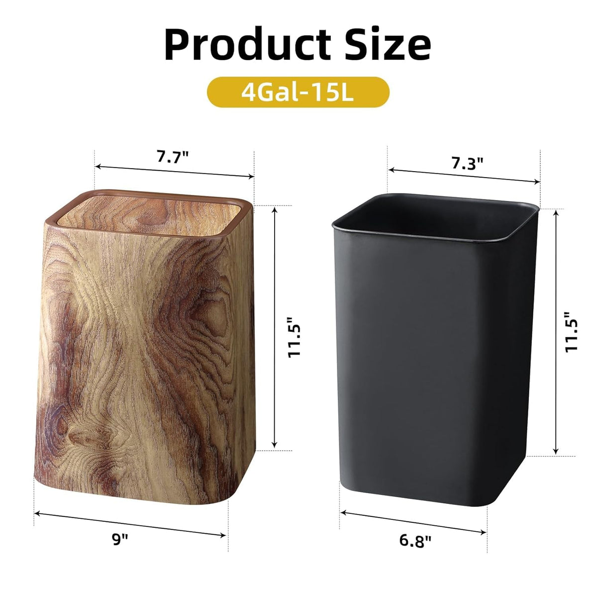 Wood Grain Plastic Trash Can Swing Top Lid, 4Gal/15L Farmhouse Wastebasket Bin Retro Style with