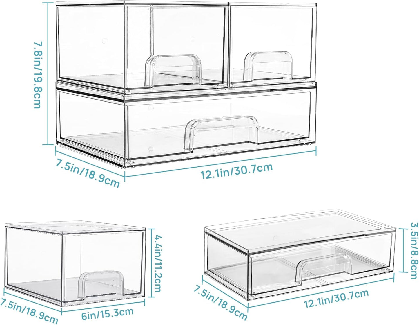 Vtopmart Stackable Storage Drawers Set of 3,Clear Plastic Organizer Bins for Makeup, Cosmetics