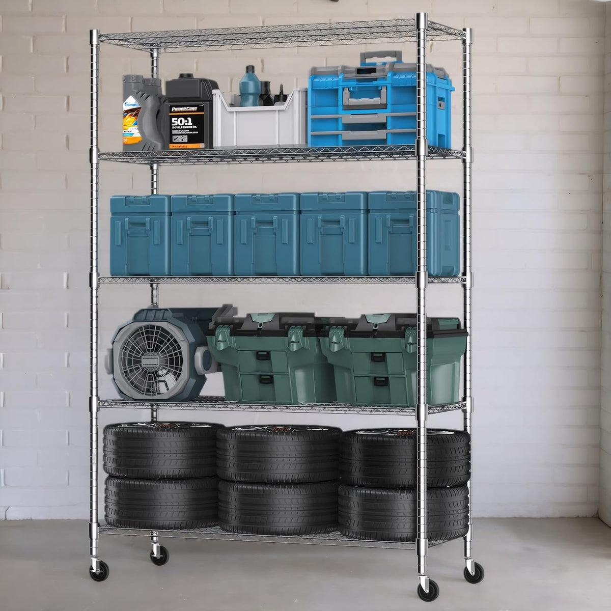 Himimi 60" W Storage Shelves, 5-Tier Wire Shelving with Wheels 3250LBS Heavy Duty Metal Shelves for