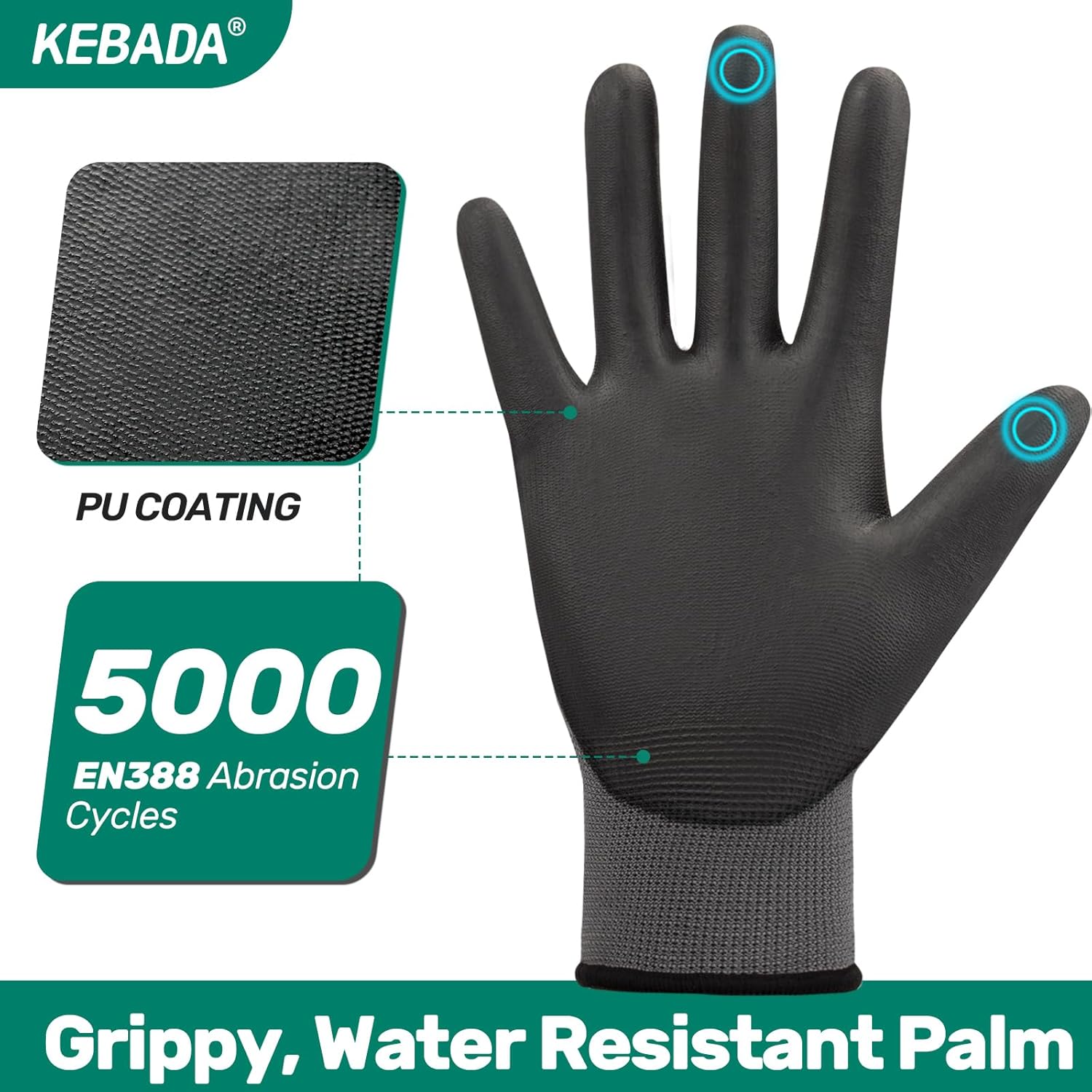 Kebada W1 Work Gloves for Men and Women, PU Coated Safety Gloves with Grip, Touchscreen, Ideal for