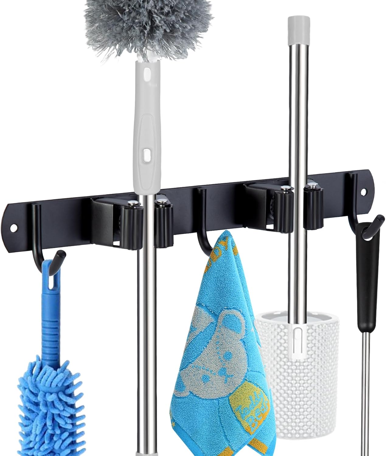 voze 2 Racks and 3 Hooks Mop and Broom Holder Wall Mount, Self Adhesive Heavy Duty Broom Organizer