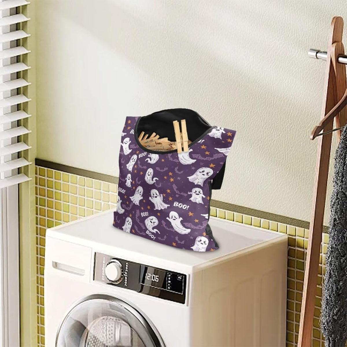 Cute Ghost Clothespin Storage Hanger Bags Laundry Clothespin Bag with a Large Opening, Hanging
