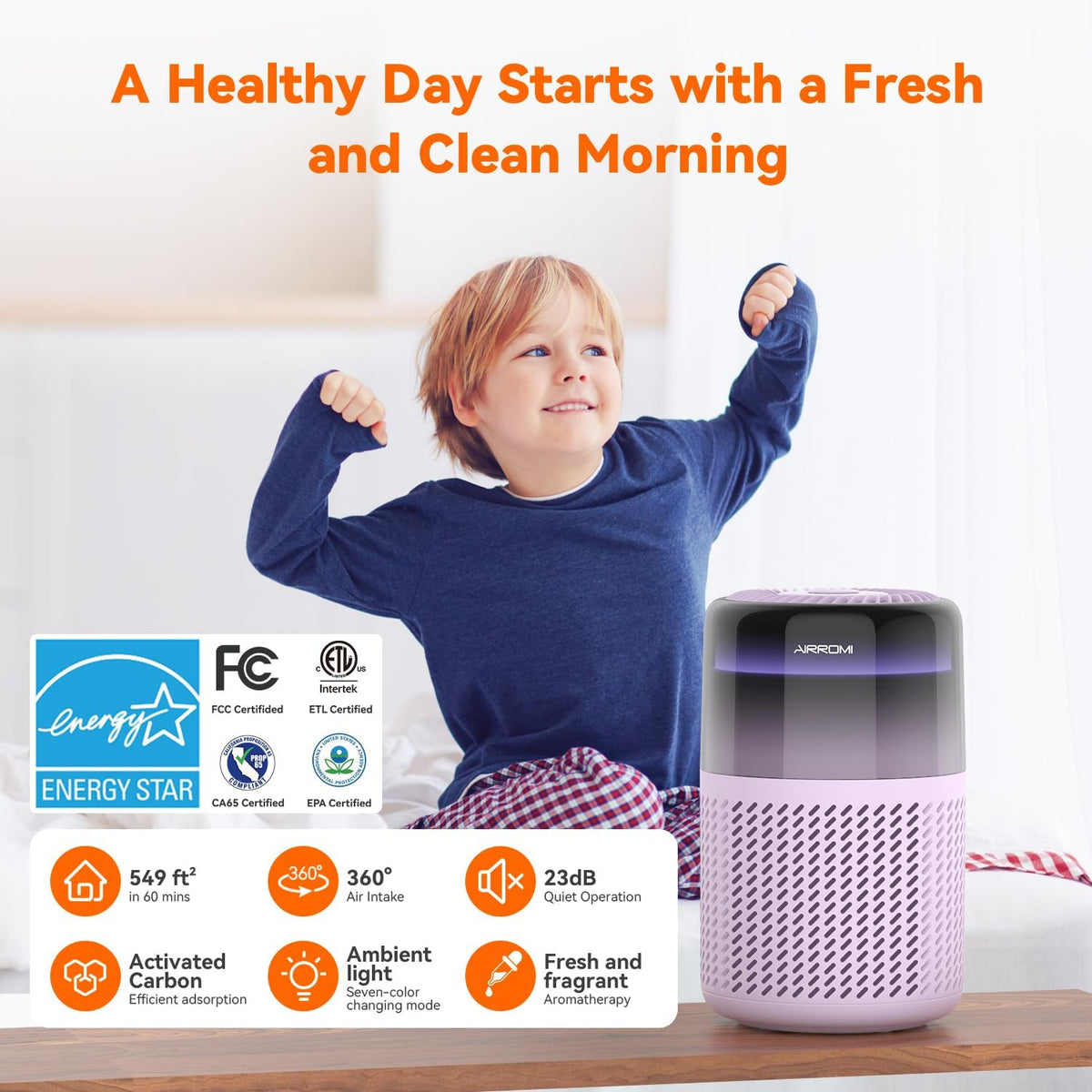 AIRROMI Air Purifier for Bedroom Home,HEPA Filter,Covers Upto 549 Ft²,Quiet 360°intake Air Cleaner