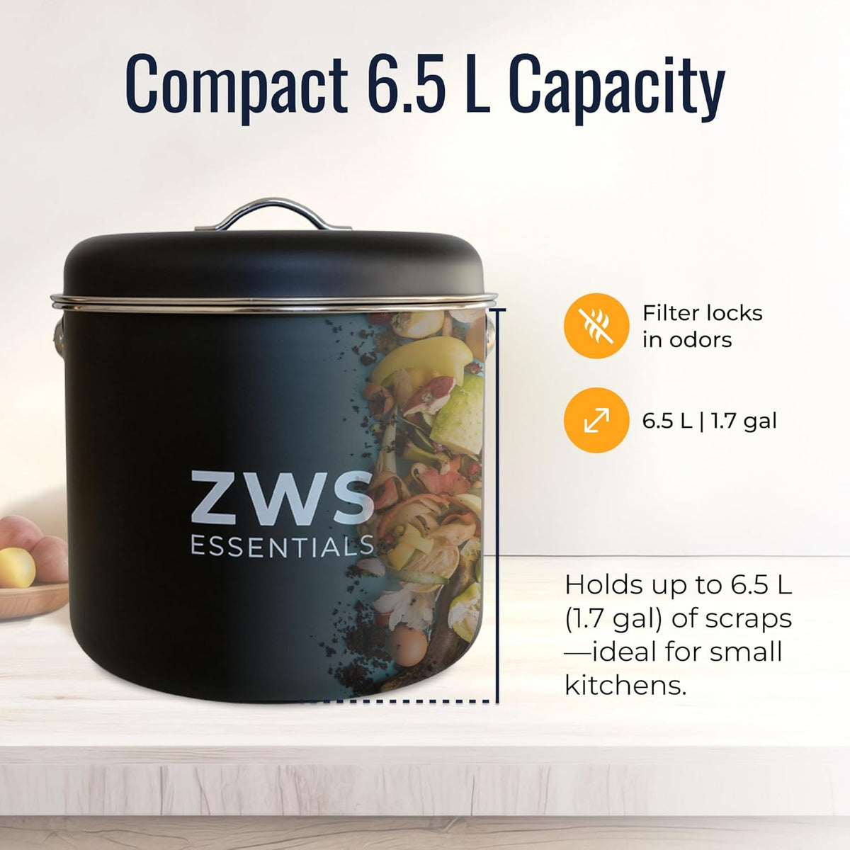 Black Stainless Steel Compost Bin | 6.5L Odor-Free Kitchen Countertop Food Scrap Pail with Charcoal