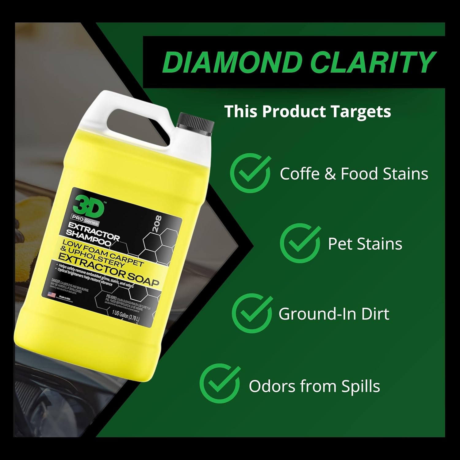 3D Extractor Carpet Cleaner Shampoo for Machine Use - Upholstery Cleaner, Stain Remover & Odor