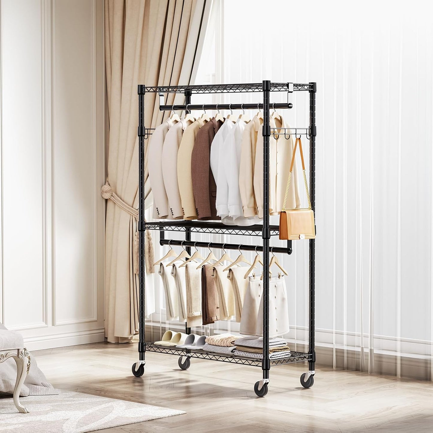 Heavy Duty Rolling Garment Rack 3 Tiers Adjustable Wire Shelving Clothes Rack with 2 Rods and Side