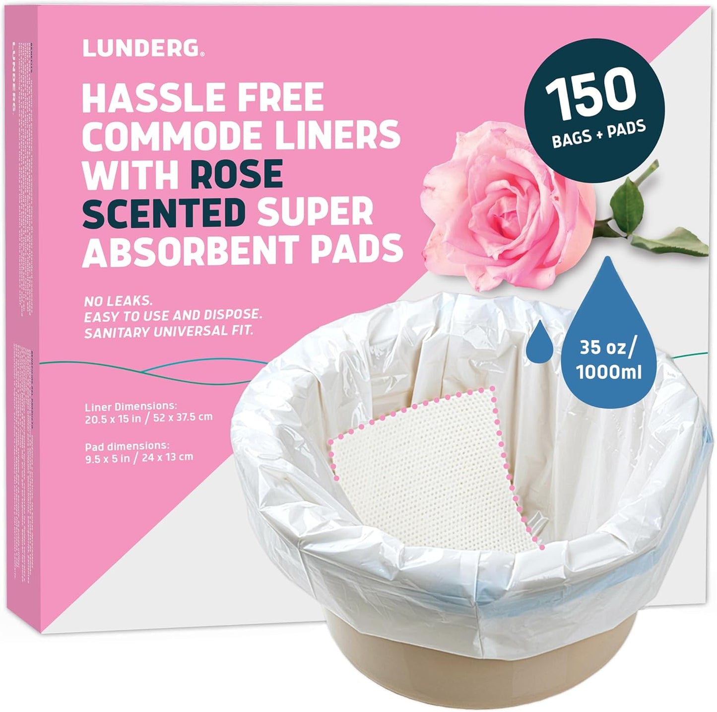 Lunderg 150 Count Value Pack - Rose Scented Disposable Commode Liners and Absorbent Pads for Adult