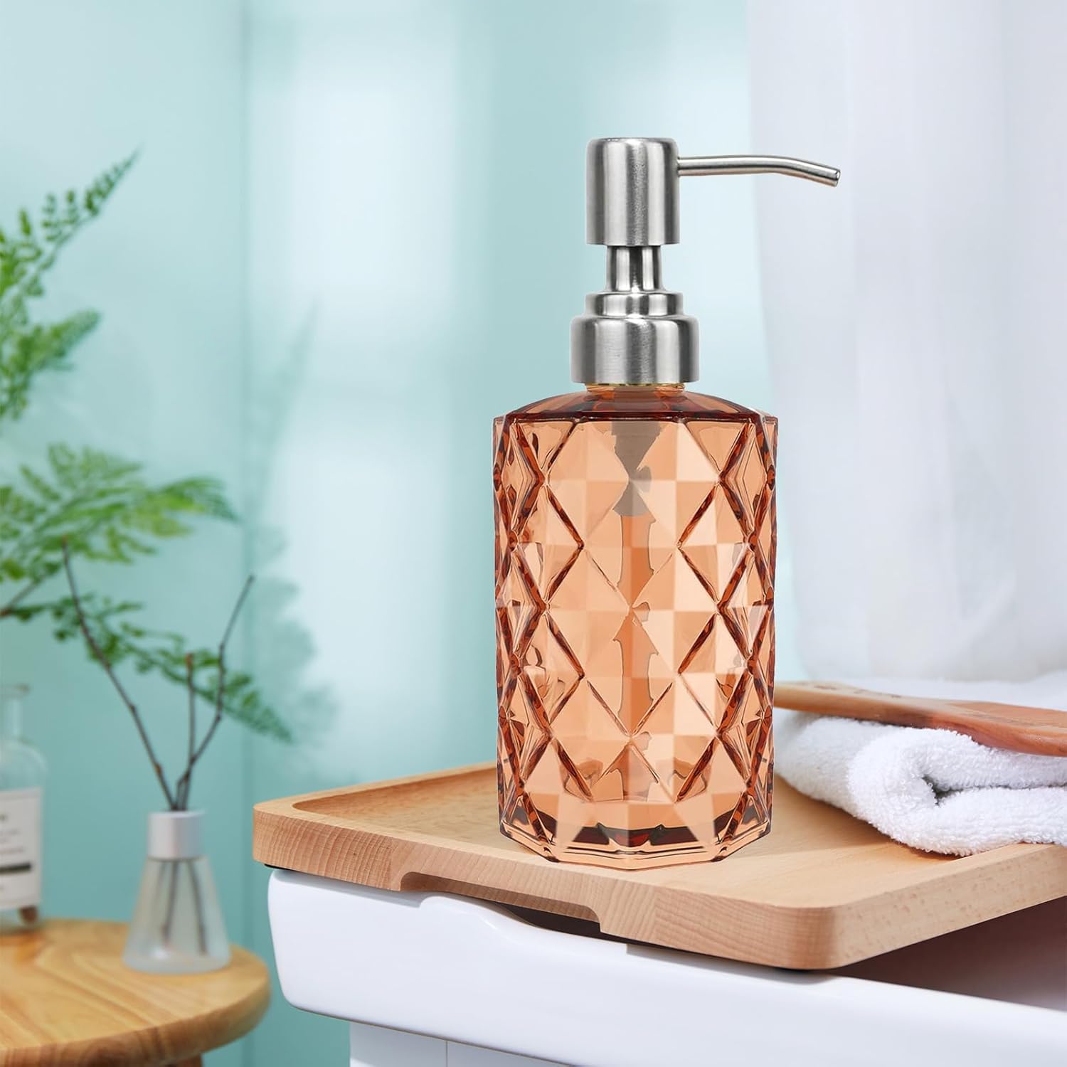 12Oz Amber Glass Soap Dispenser with Stainless Steel Pump, Refillable Kitchen Liquid Hand Soap