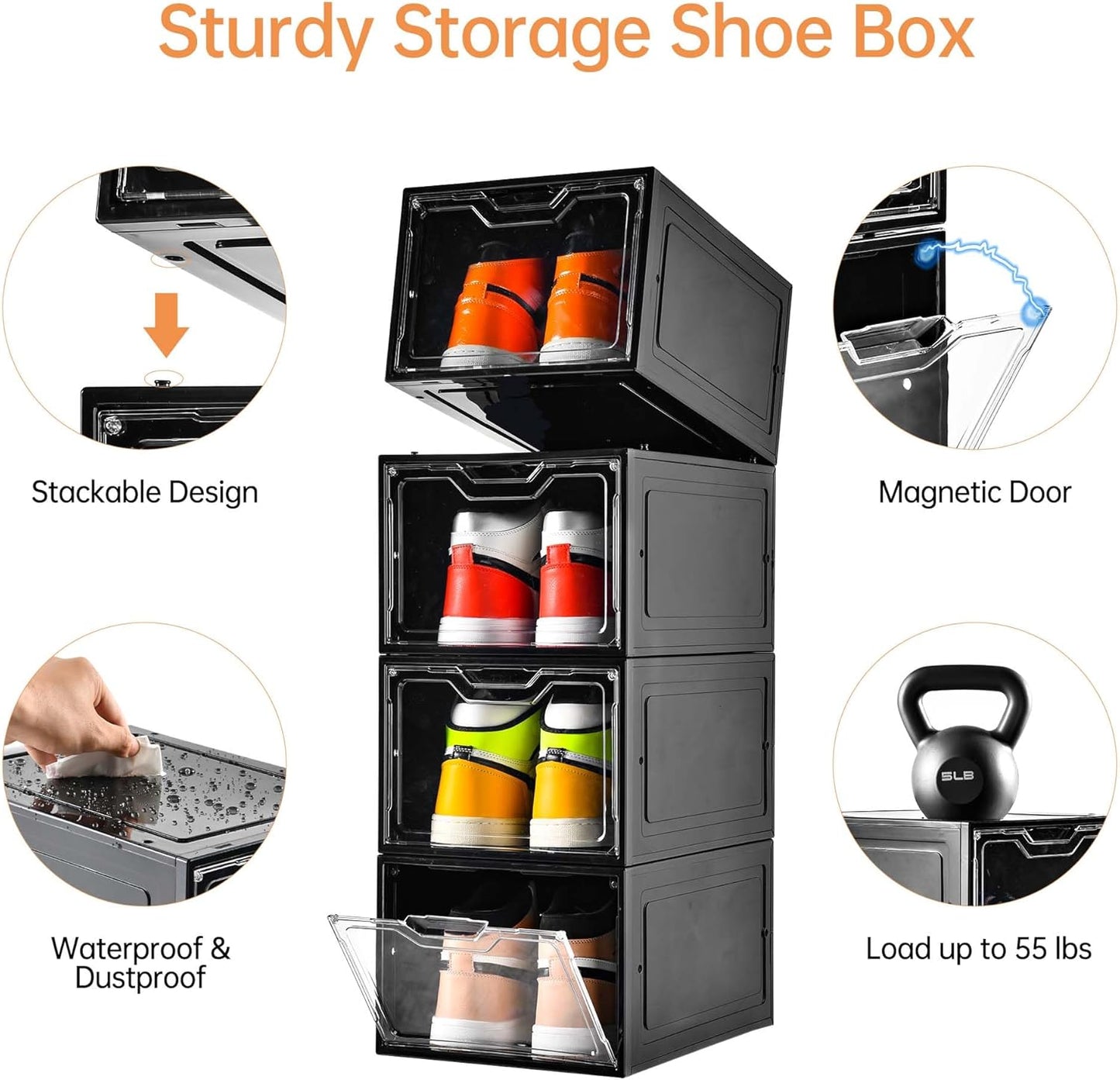 12 Pack Shoe Boxes Organizer, Magnetic Door Shoe Storage Boxes, Clear Sneaker Storage Box for