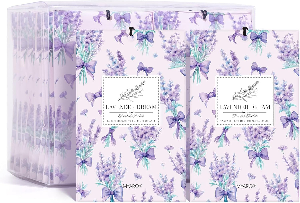 MYARO 20 Packs Fresh Lavender Sachets, Air Freshener for Drawer and Closet, Long-Lasting Sachets