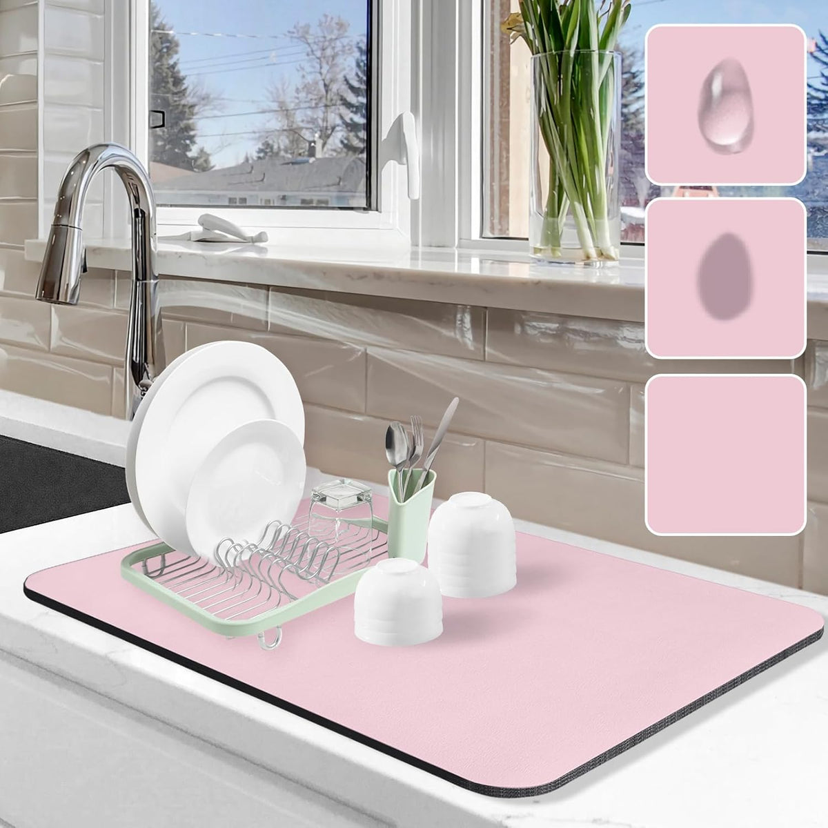 Dish Drying Mat for Kitchen Counter, 16"x24" Dish Drying Pad with Non-slip Rubber Backed, Hide