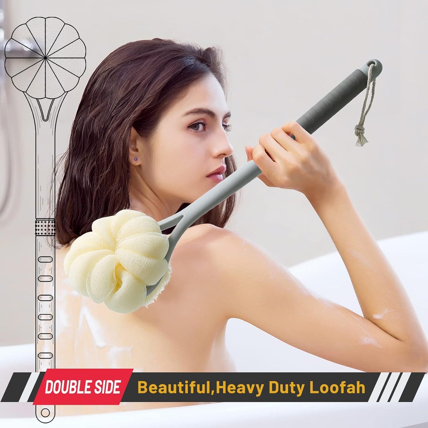 Shower Body Brush,Soft Bristles and Beautiful Pumpkin Loofah 14” Long Handle Back Scrubber Bath