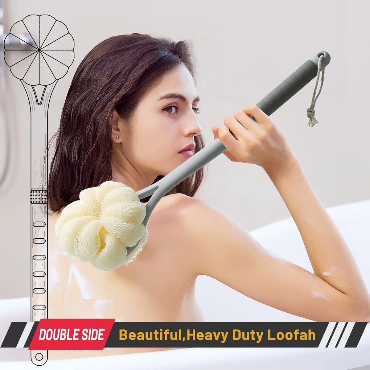 Shower Body Brush,Soft Bristles and Beautiful Pumpkin Loofah 14” Long Handle Back Scrubber Bath