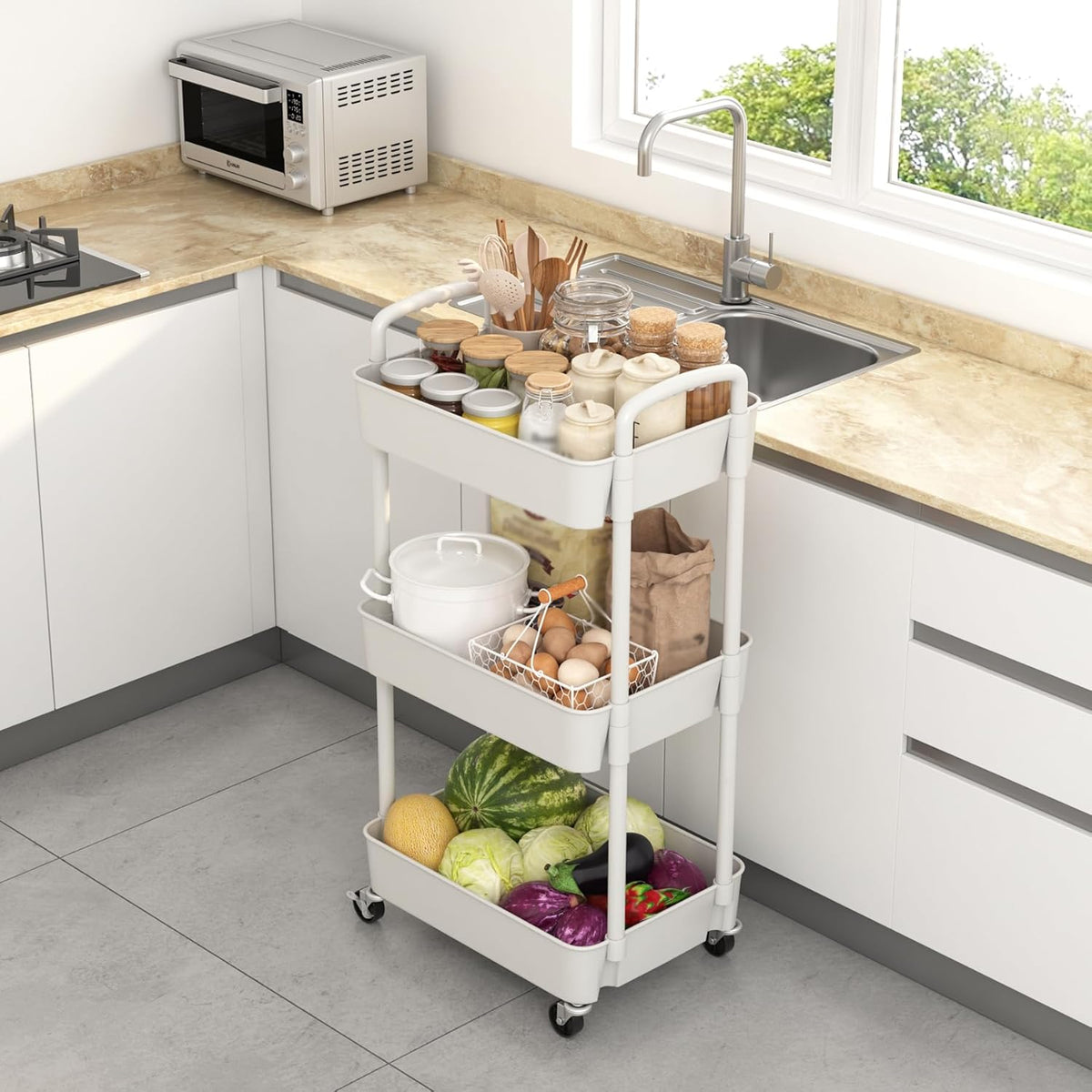 Sywhitta 3-Tier Plastic Rolling Utility Cart with Handle, Multi-Functional Storage Trolley for