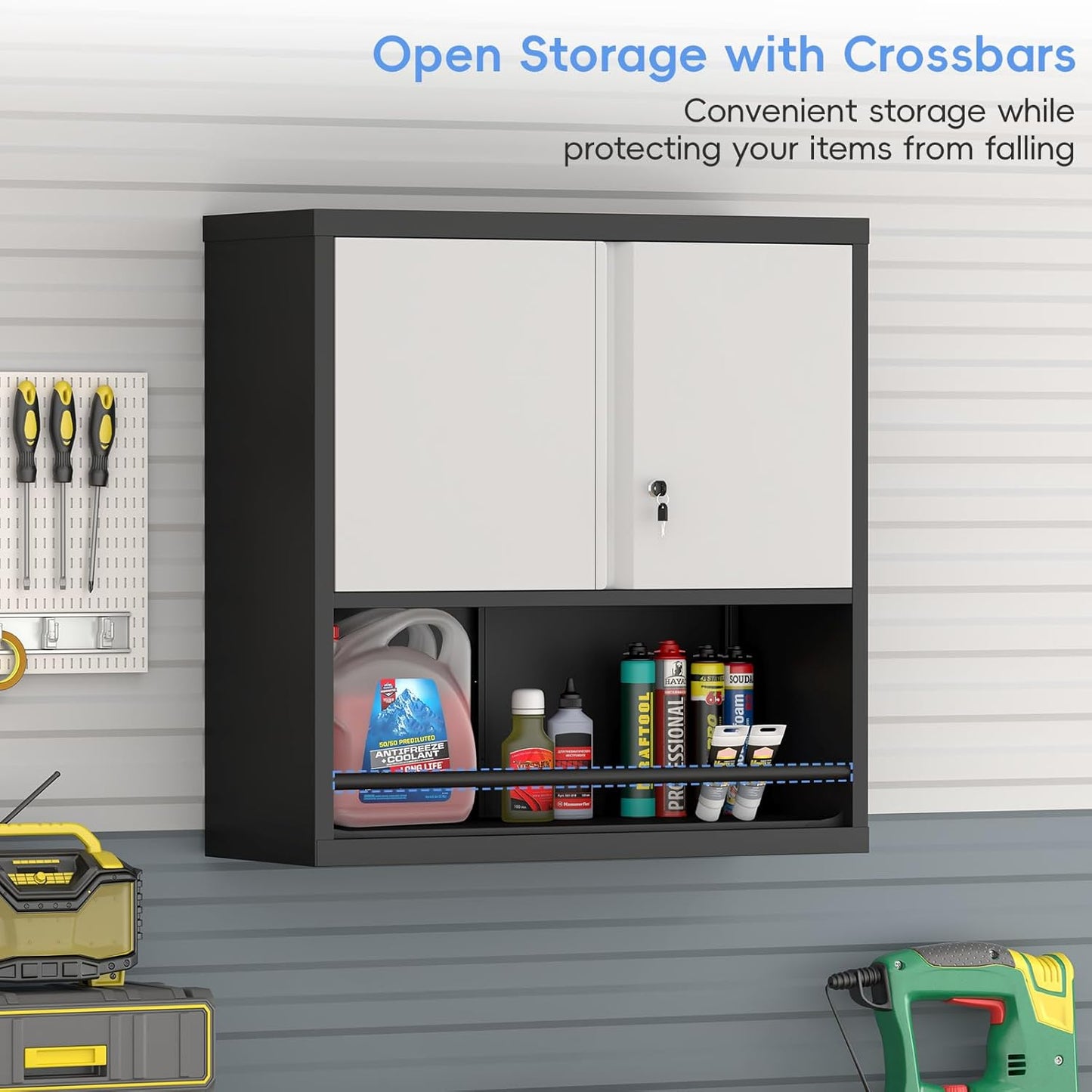 Metal Garage Cabinets, Lockable Storage Cabinet, Metal Cabinet with Open Storage, Upper Tool