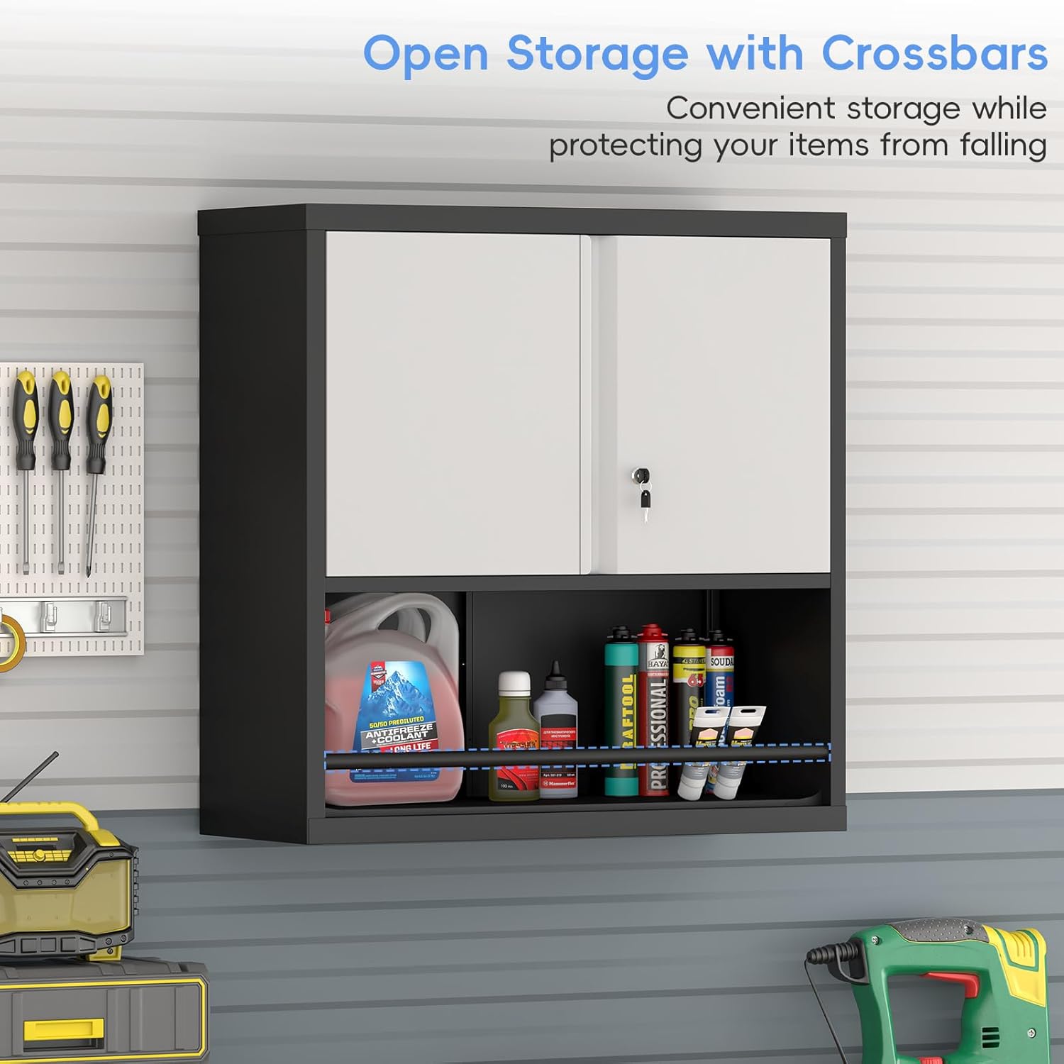 Metal Garage Cabinets, Lockable Storage Cabinet, Metal Cabinet with Open Storage, Upper Tool