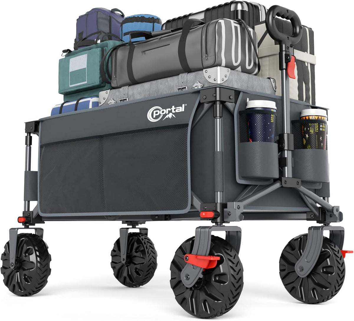PORTAL Collapsible Wagon with Brakes, Heavy Duty Utility Cart with All-Terrain Wheels, Portable