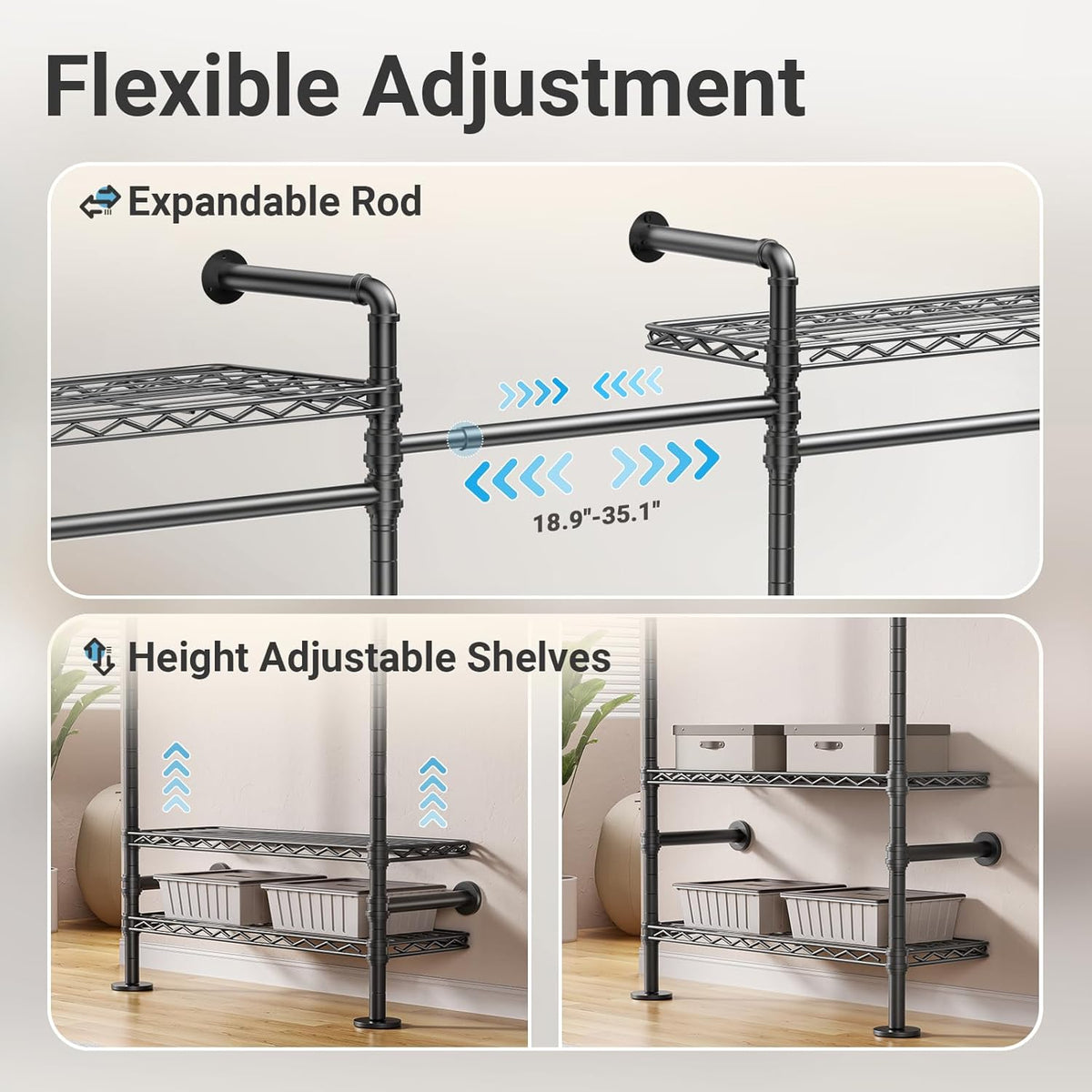 Timate F3 Garment Rack Heavy Duty Clothes Rack for Hanging Clothes, Expandable Industrial Pipe Wall