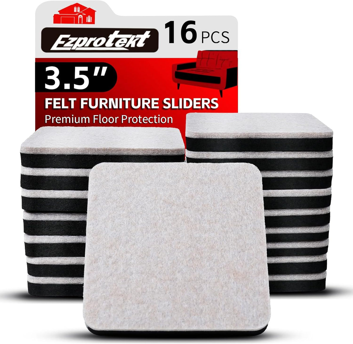 Ezprotekt 3.5" Felt Furniture Movers Sliders for Hardwood & Vinyl Floors, 16 Pcs Square Reusable