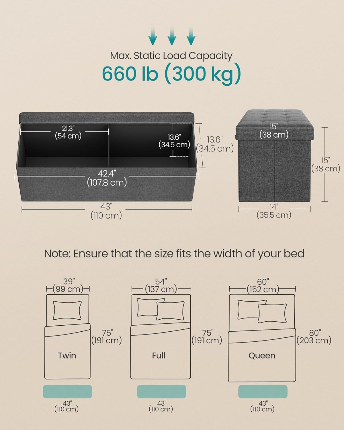 SONGMICS MAZIE Collection - 43 Inches Folding Storage Ottoman Bench, Ottoman Foot Rest, End of Bed
