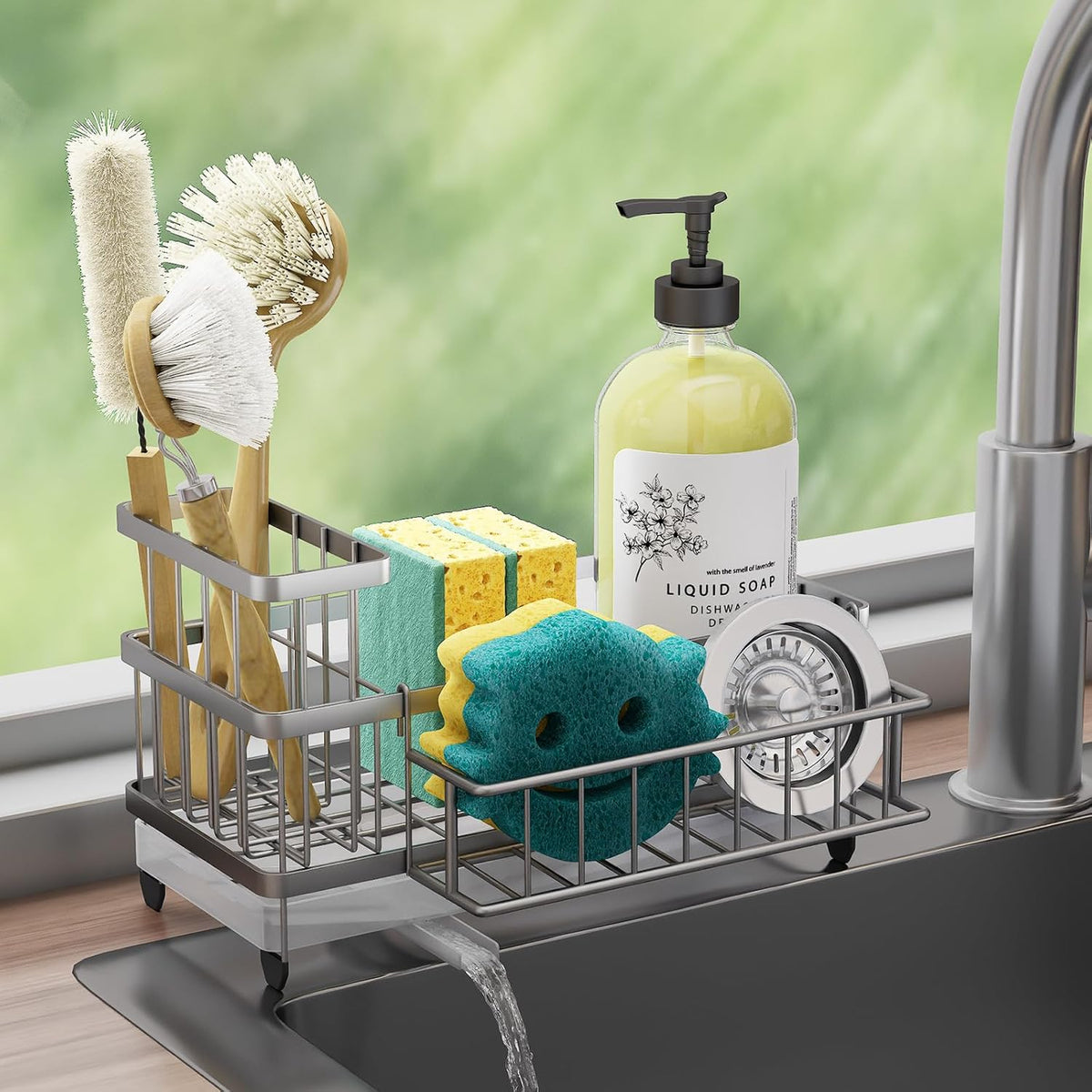 Consuemst Sponge Holder for Kitchen Sink - Auto Draining Sink Caddy Organizer with Detachable Rack