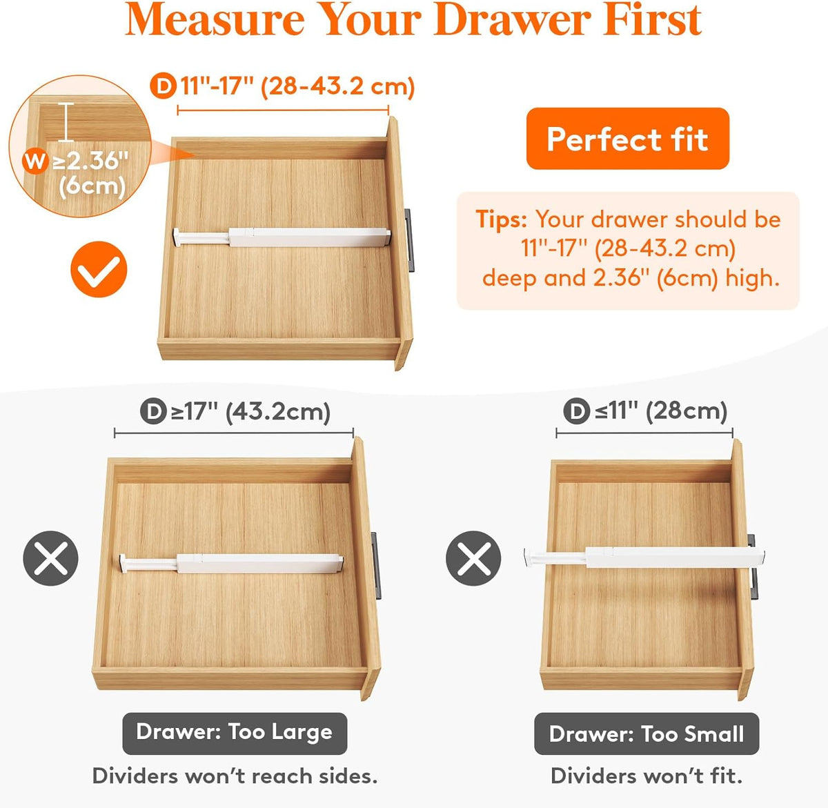 Lifewit 12 Pack Kitchen Drawer Dividers 2.36" High, 11"-17" Adjustable Drawer Organizer for