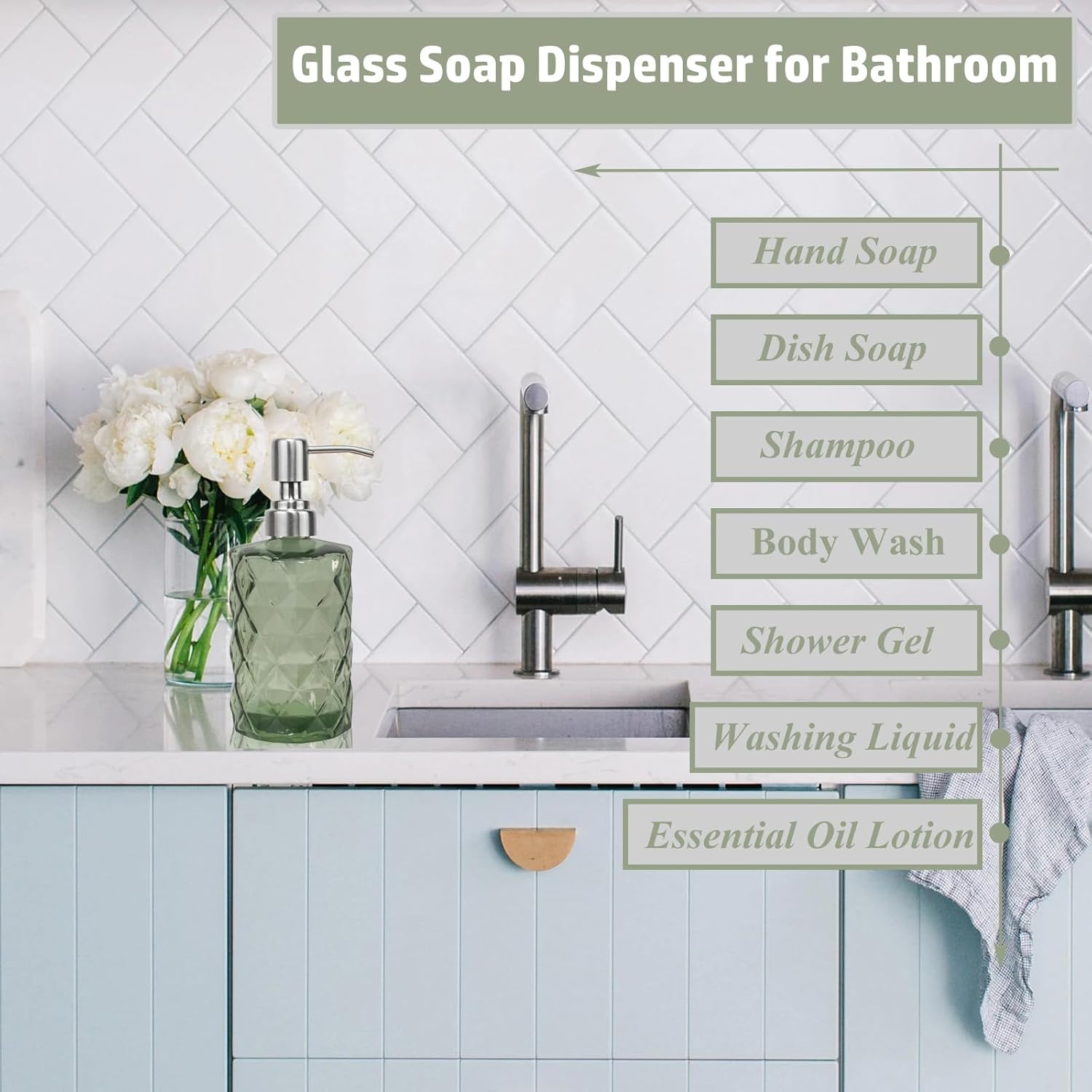 12Oz Green Glass Soap Dispenser with Stainless Steel Pump, Refillable Kitchen Liquid Hand Soap