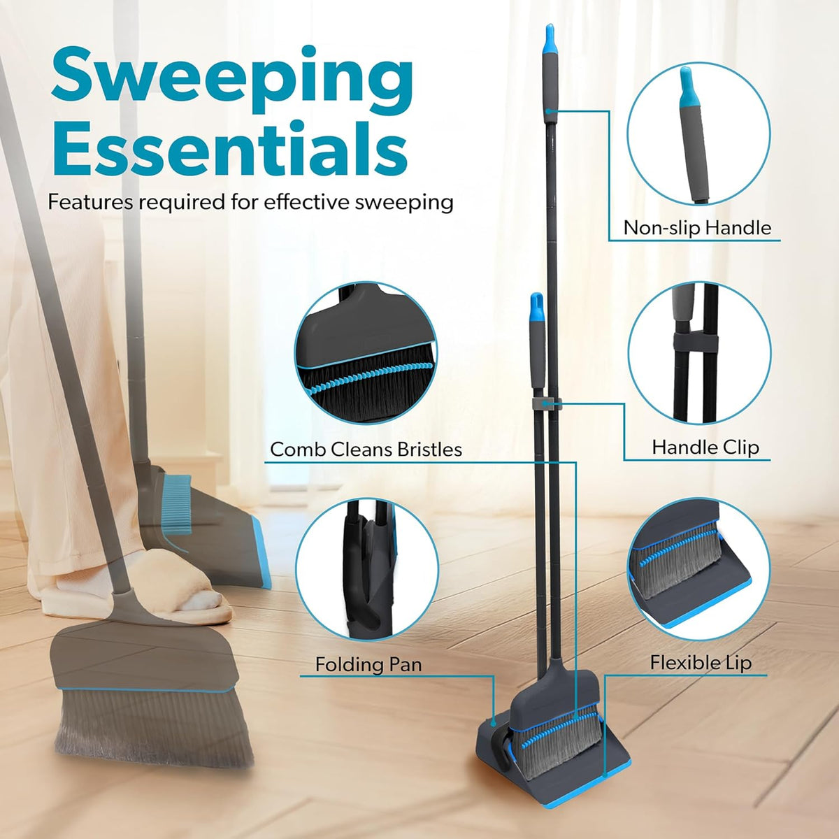 BLACK+DECKER Butler Broom & Dustpan Set - Short Handle, Stand-Up Design - Lightweight, Space-Saving