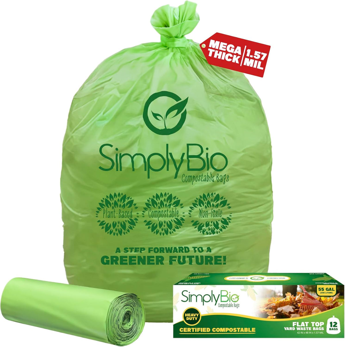 Simply Bio 50-55 Gallon Compostable Trash Bags Liners Flat-Top, Heavy Duty Extra Thick 1.57 Mil