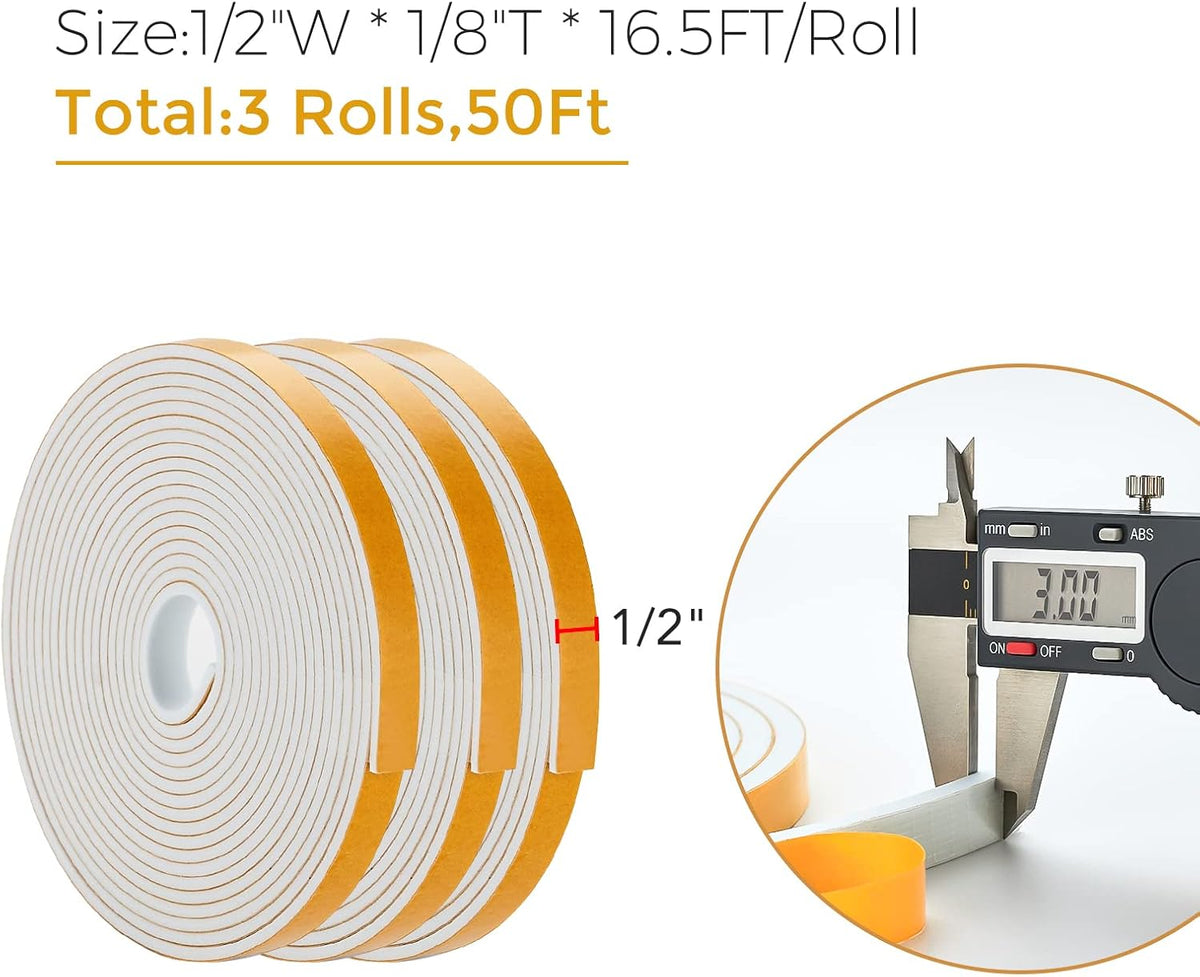 50 Feet Weather Stripping Door Seal, 1/2" Wide X 1/8" Thick Door Seal Strip High Density Foam Tape