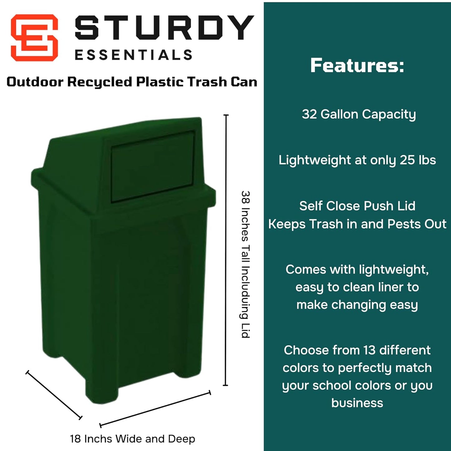 32 Gallon Square 100% Recycled Plastic Heavy Duty Outdoor Trash Can with Push Lid - Great for