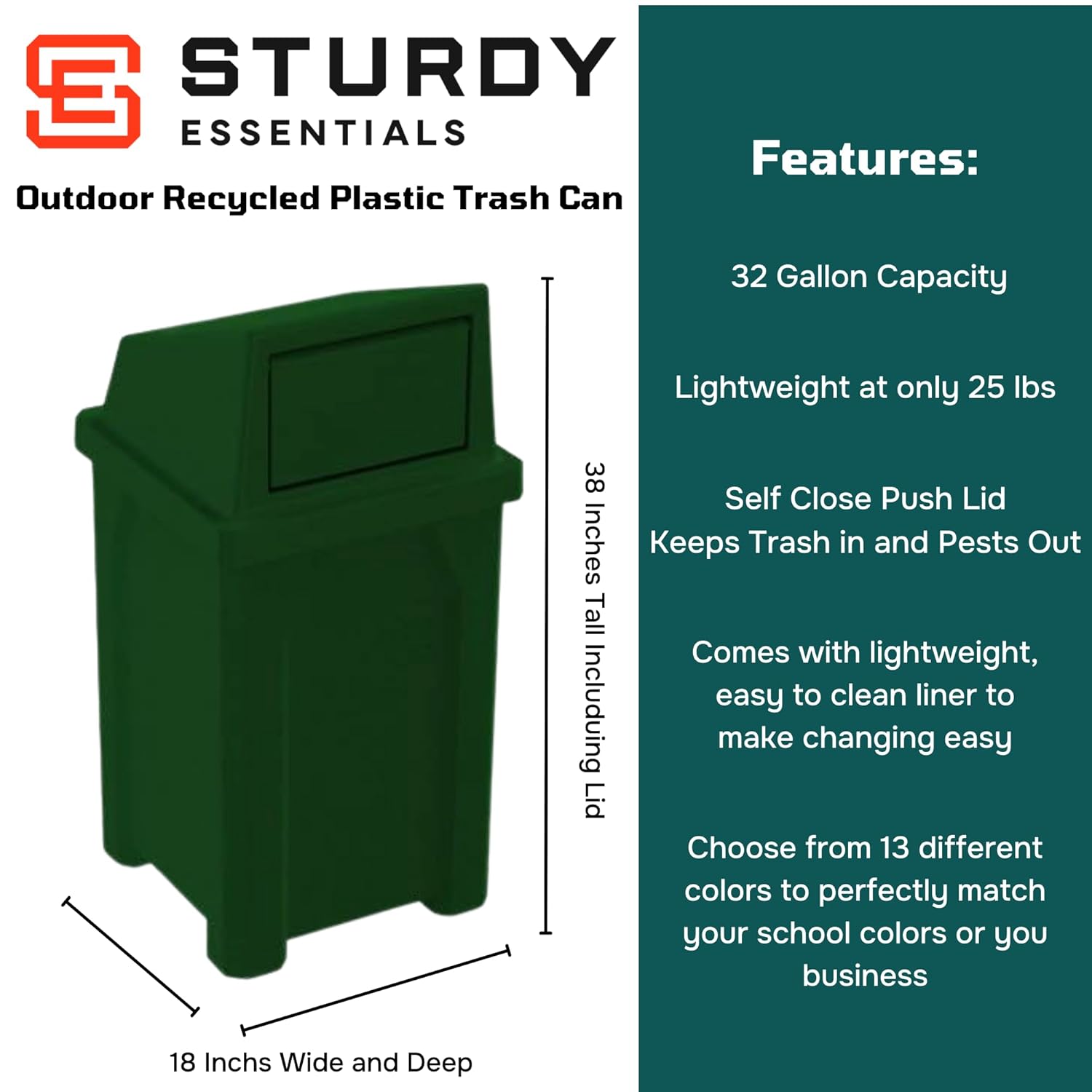 32 Gallon Square 100% Recycled Plastic Heavy Duty Outdoor Trash Can with Push Lid - Great for