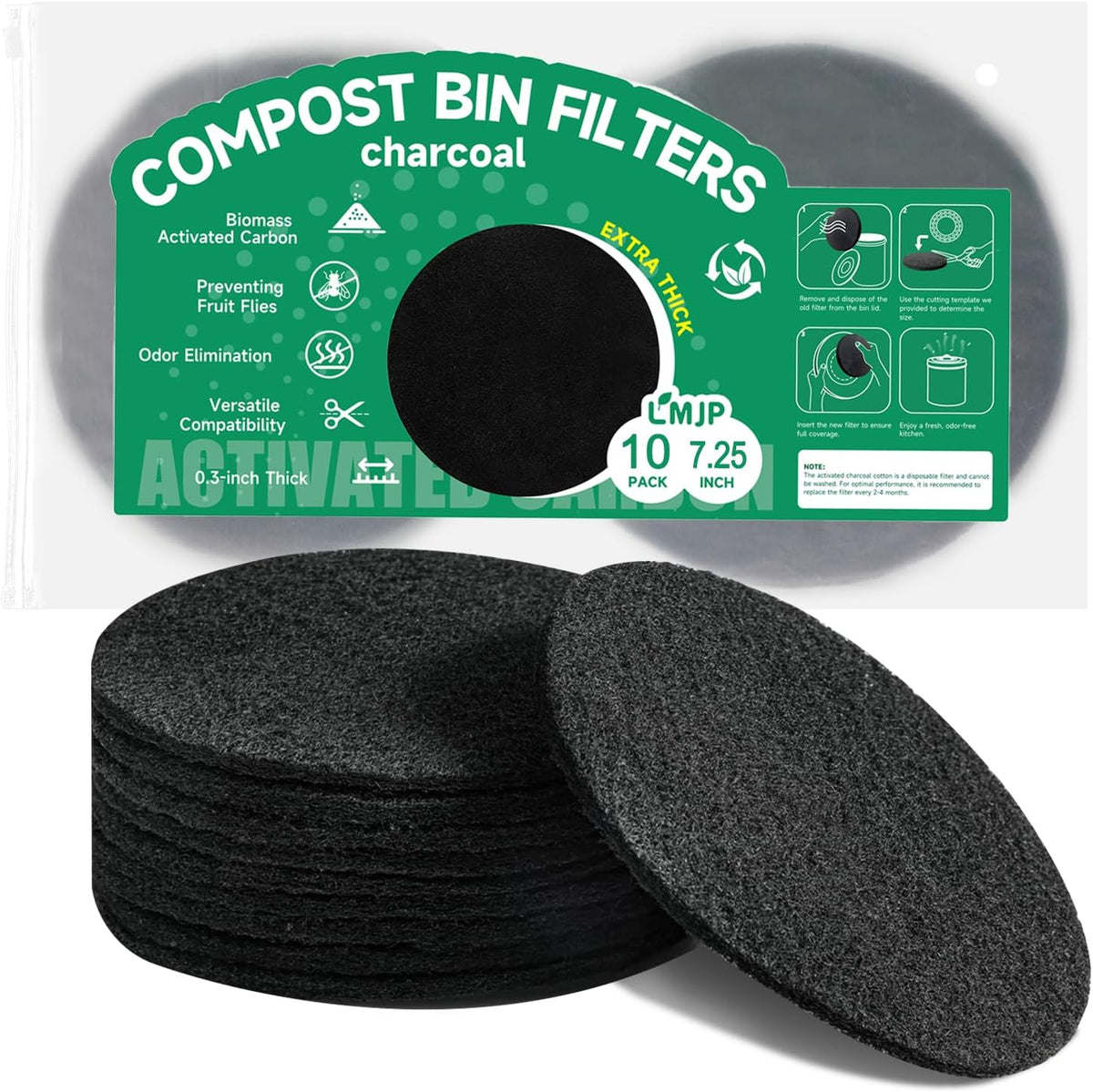 7.25 Inch Charcoal Filters for 10 Pack Kitchen Countertop Compost Bins - Extra Thick 0.3" for