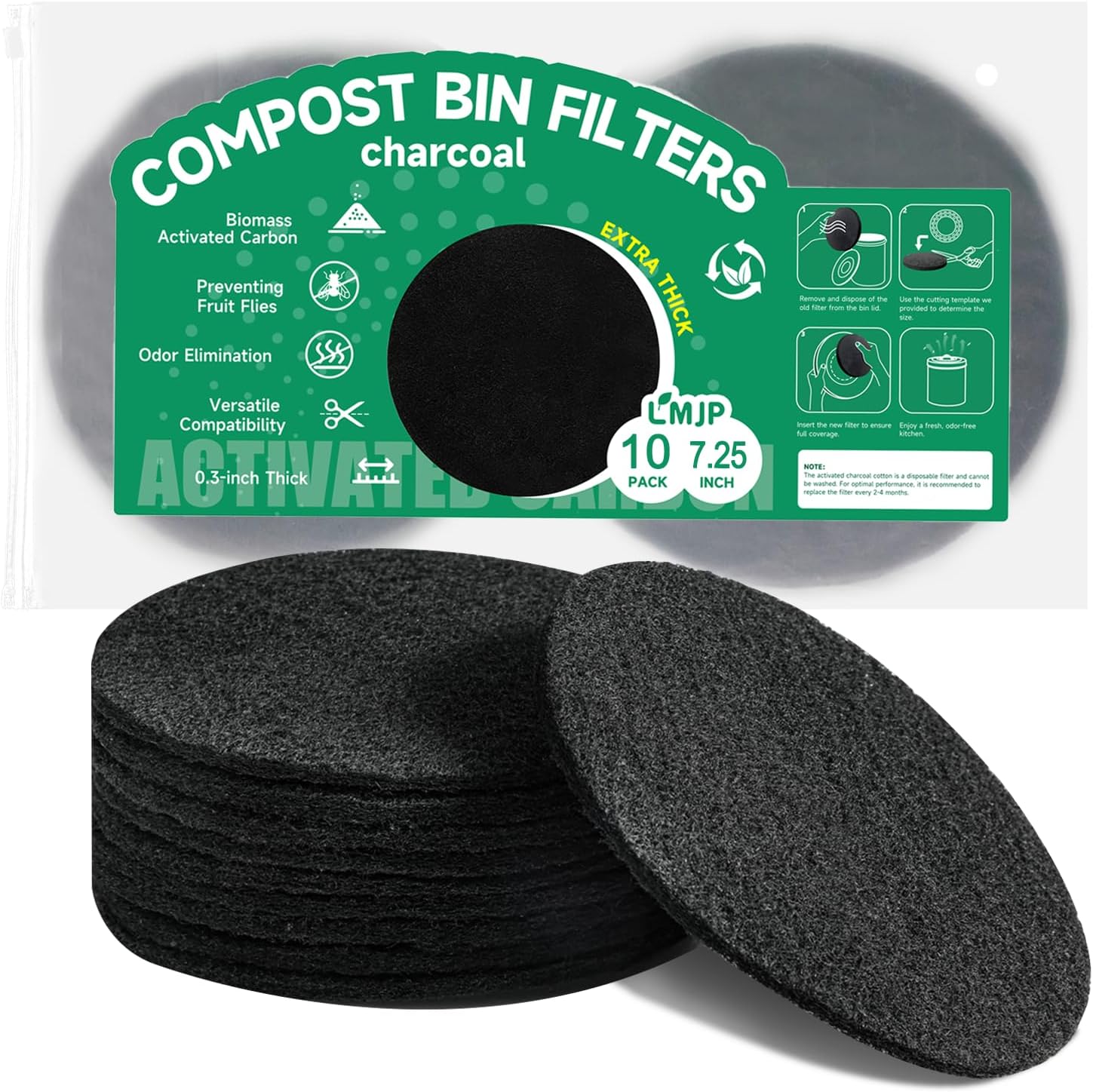 6.7 Inch Charcoal Filters for 10 Pack Kitchen Countertop Compost Bins - Extra Thick 0.3" for Longer