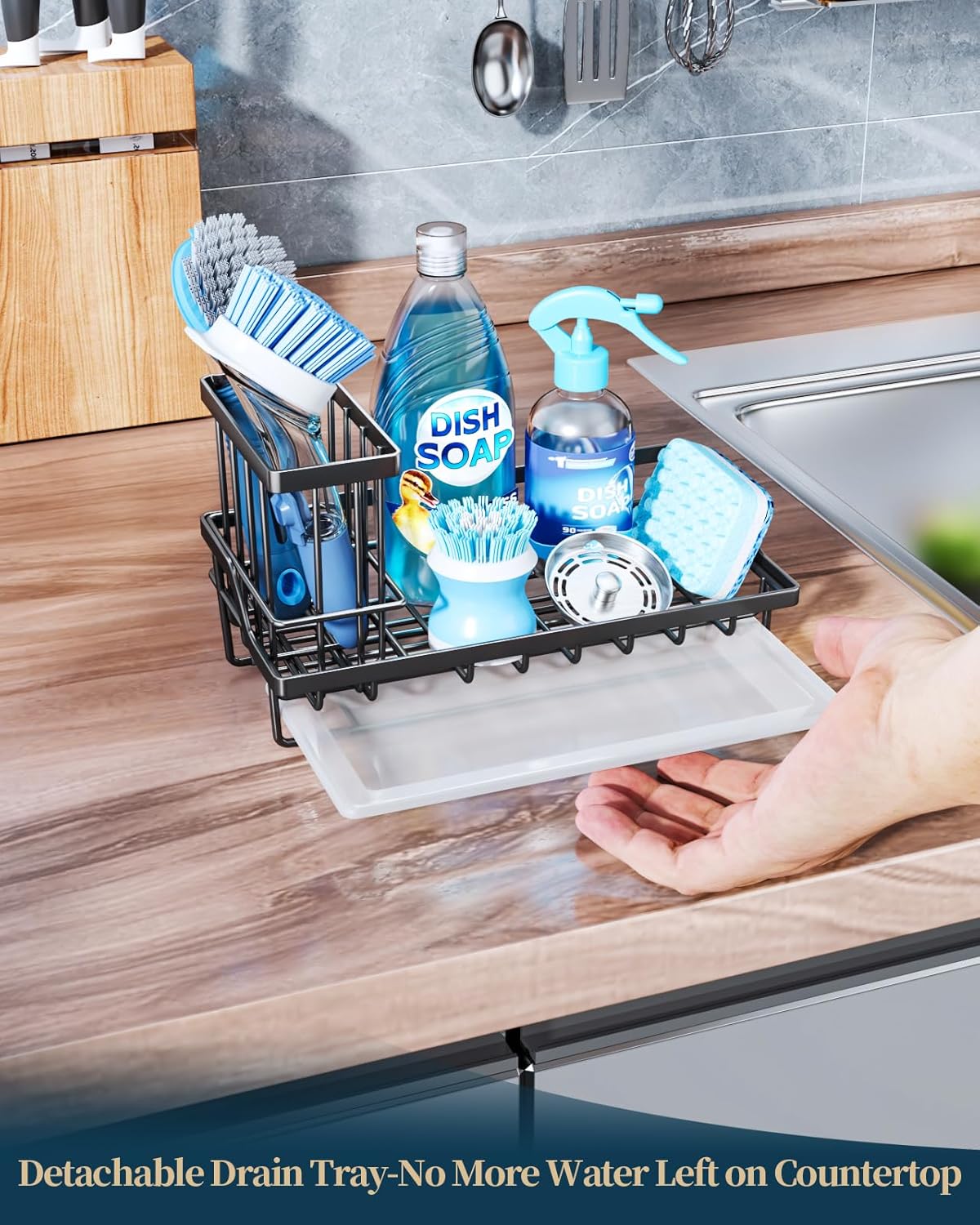 Consumest Sink Caddy, Kitchen Sponge Holder with Dish Brush Holder, Kitchen Sink Organizer with